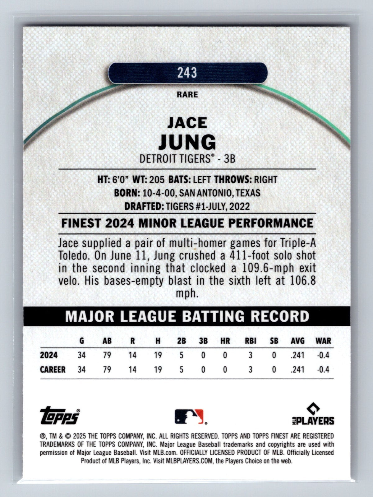 Jace Jung 2025 Topps Finest Rare Magenta Refractor RC /200 #243 Tigers