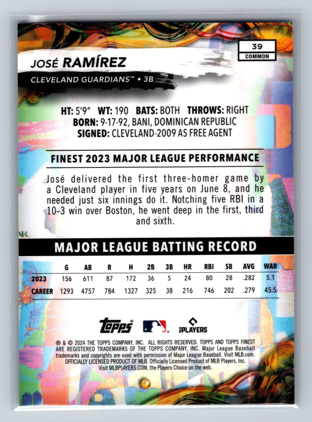 Jose Ramirez 2024 Topps Finest Common Sky Blue Refractor /325 #39 Guardians
