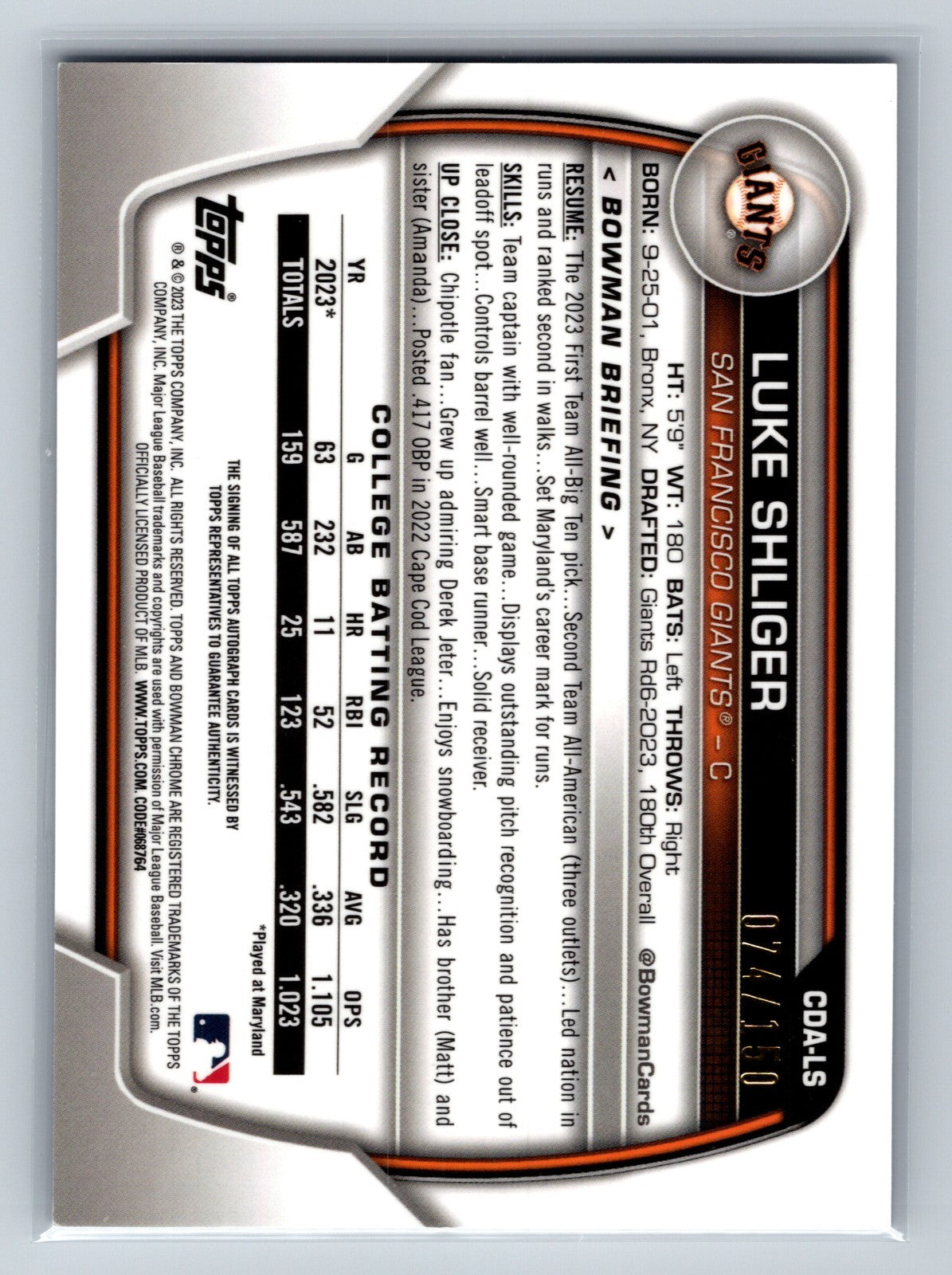 Luke Shliger 2023 Bowman Draft Chrome 1st Blue Wave Refractor Auto /150 #CDA-LS