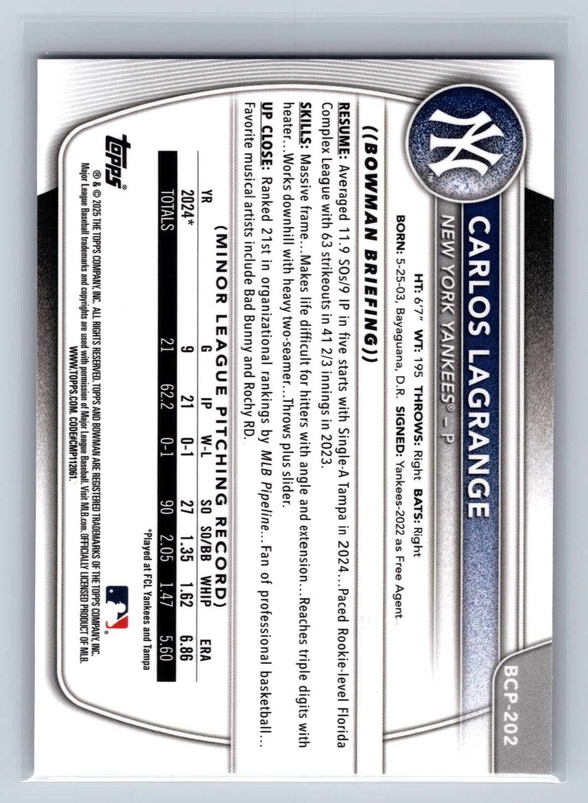 Carlos Lagrange 2025 Bowman Chrome 1st Purple Pulsar Refractor /250 #BCP-202