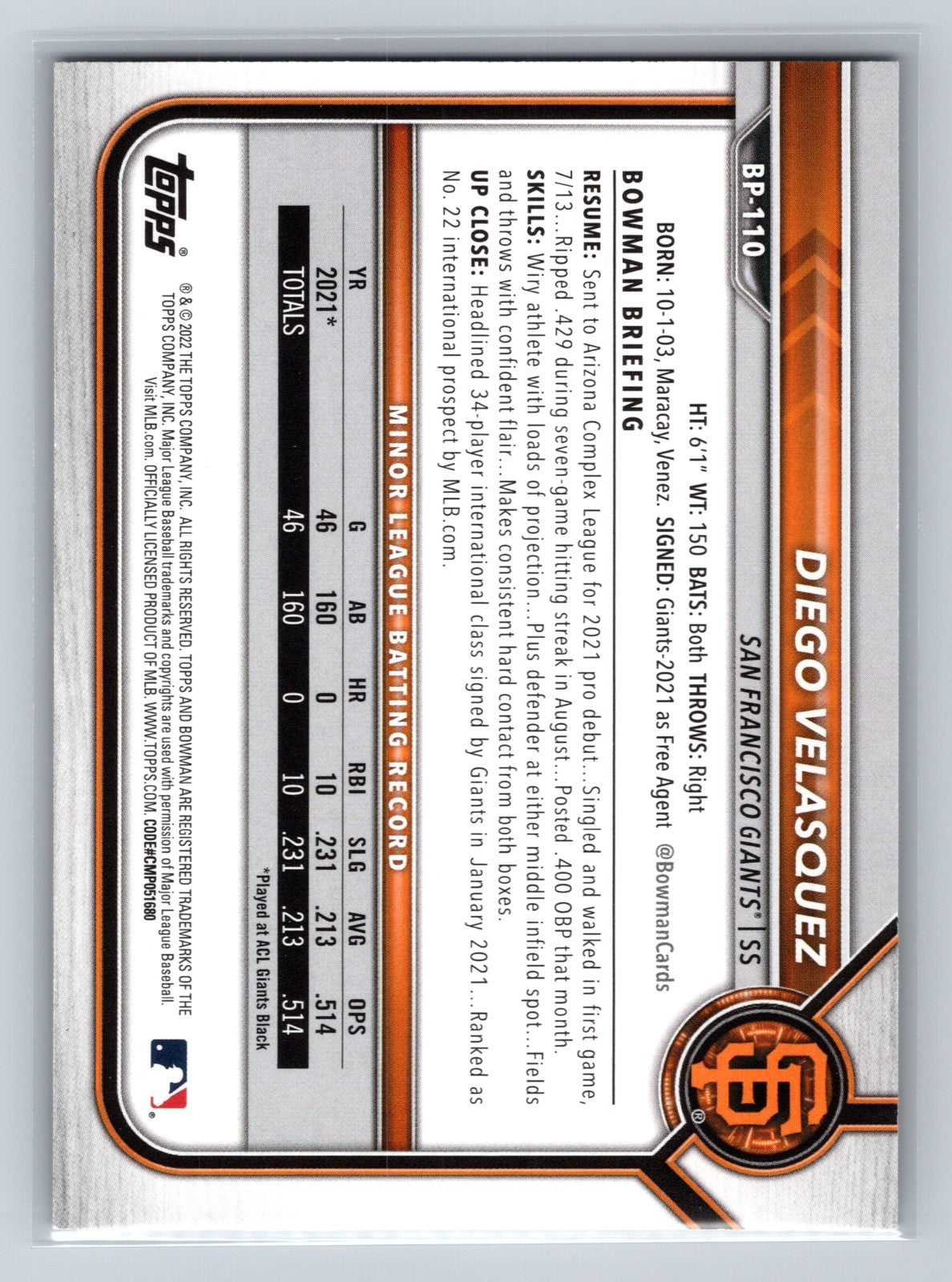 Diego Velasquez 2022 Bowman 1st Paper Gold /50 #BP-110 Giants