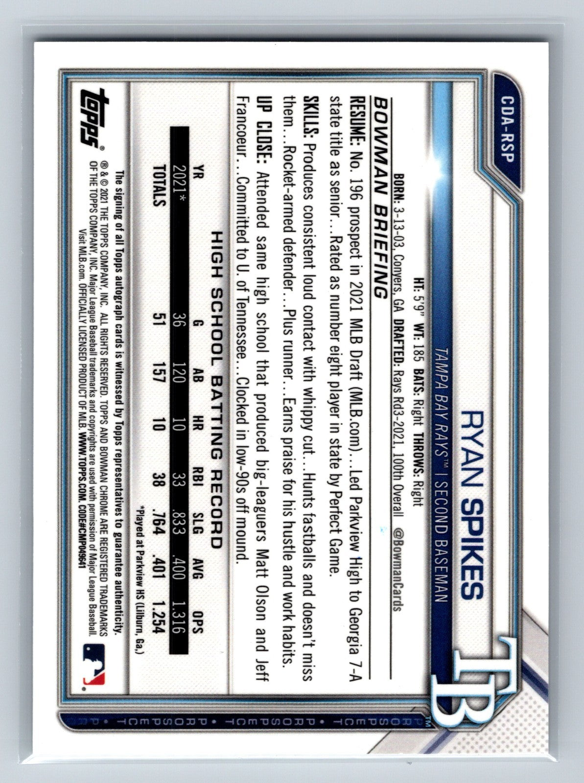 Ryan Spikes 2021 Bowman Draft Chrome 1st Auto #CDA-RSP Rays