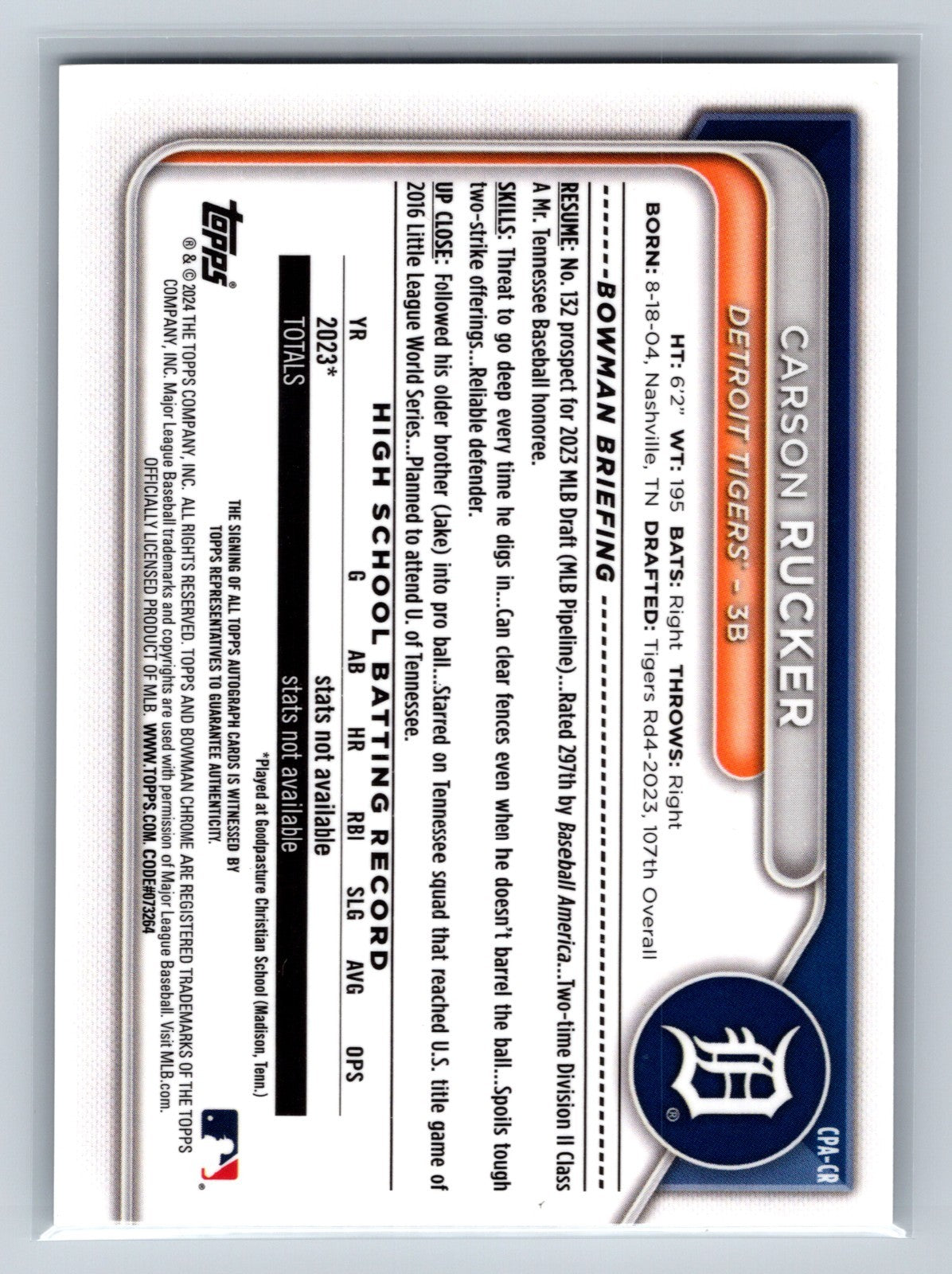 Carson Rucker 2024 Bowman Chrome 1st Auto #CPA-CR Tigers