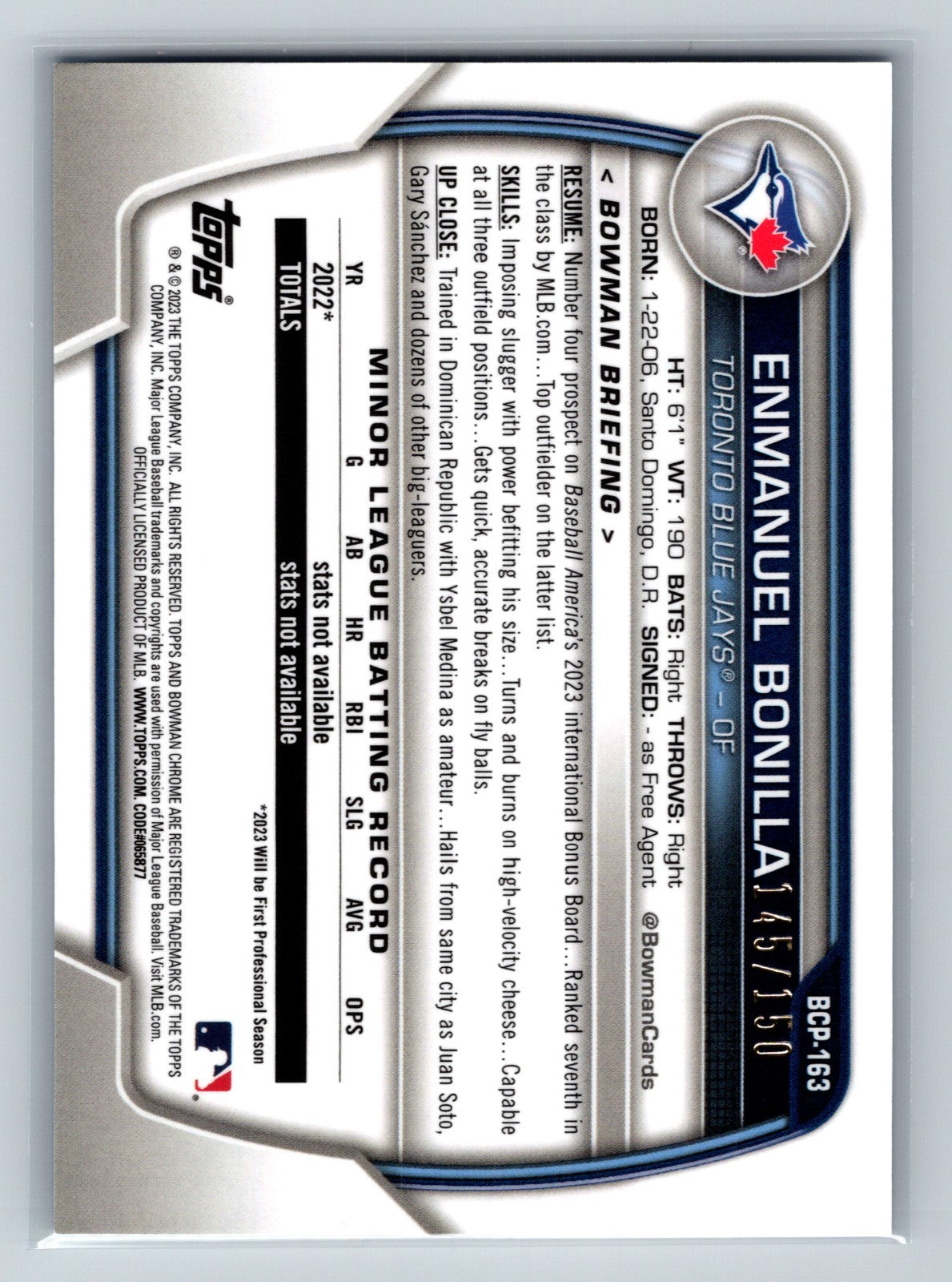 Enmanuel Bonilla 2023 Bowman Chrome 1st Blue Refractor /150 #BCP-163 Blue Jays