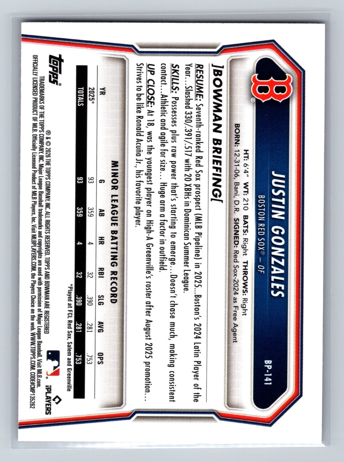 Justin Gonzales 2026 Bowman 1st Paper Fuchsia /299 #BP-141 Red Sox