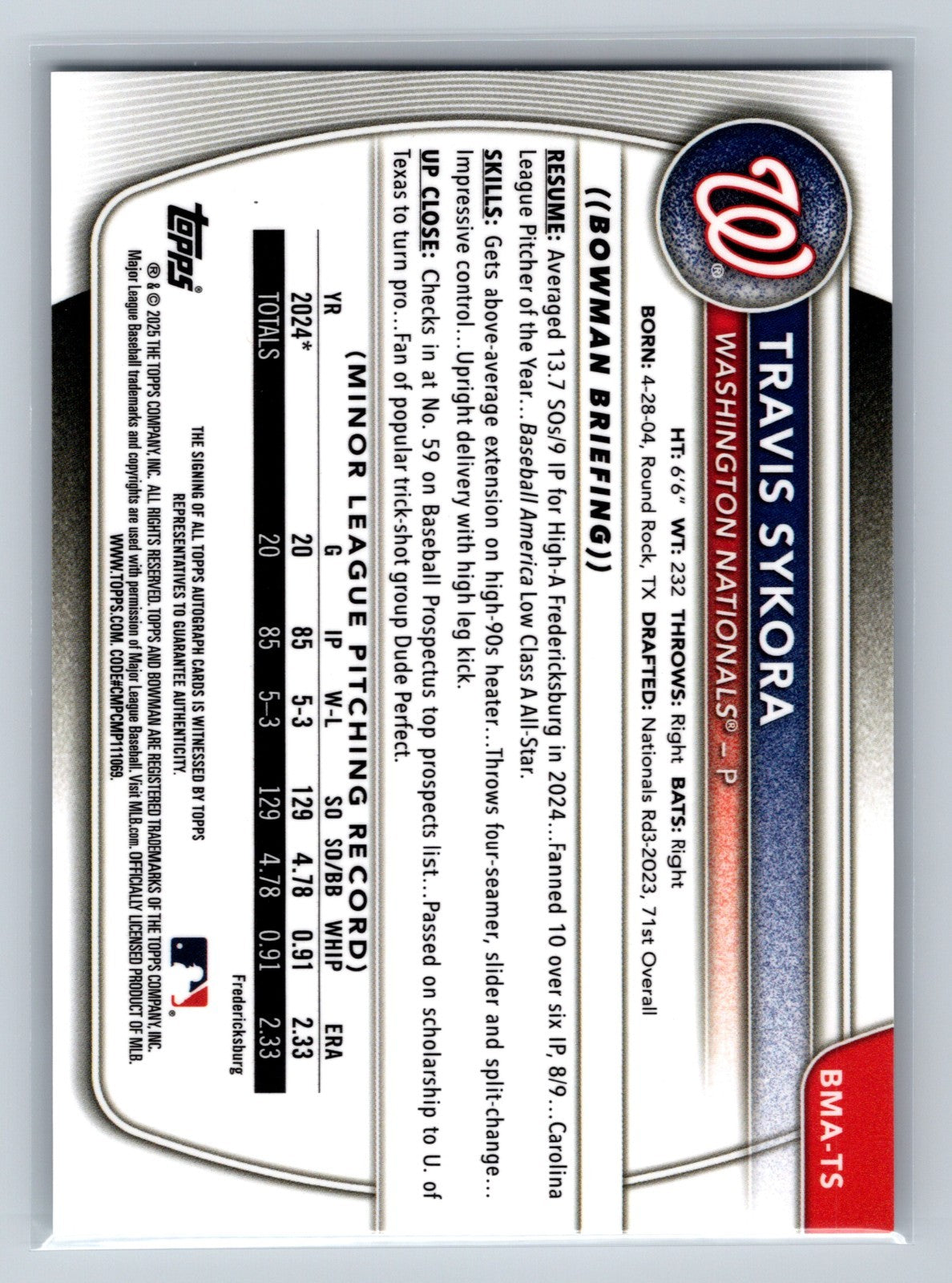 Travis Sykora 2025 Bowman Chrome Mega Box Mojo Refractor Auto #BMA-TS Nationals