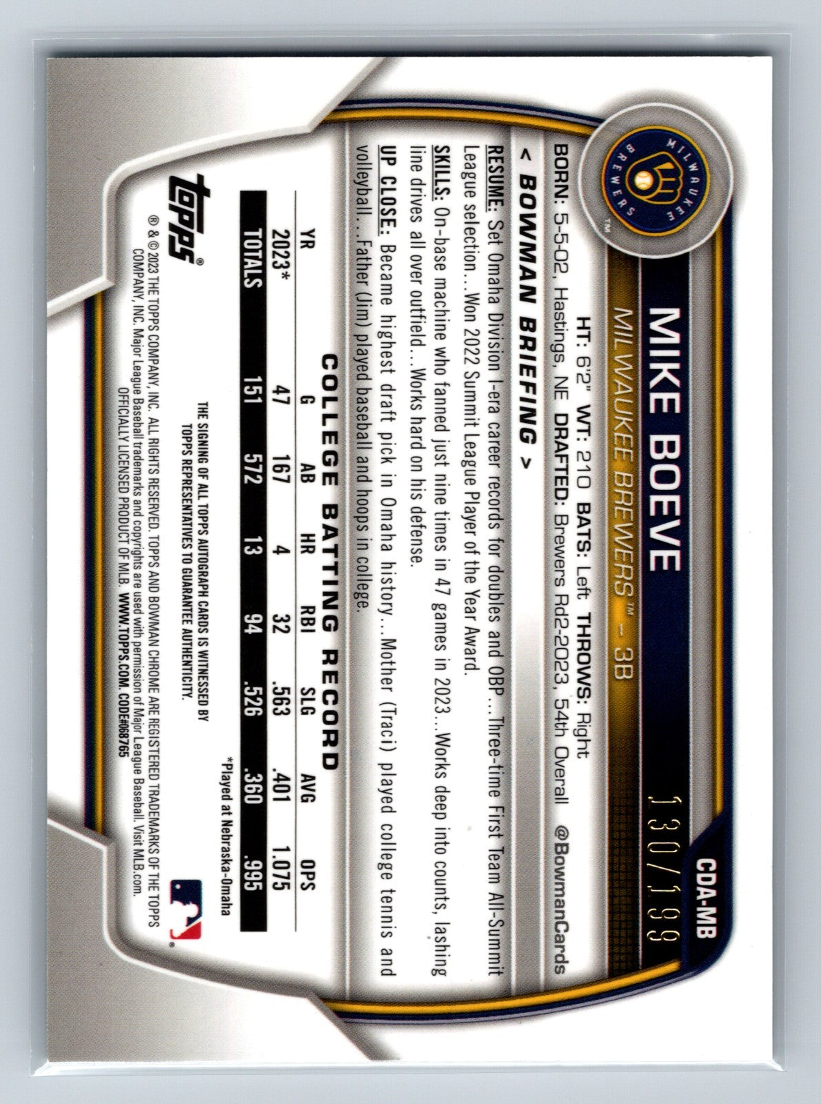 Mike Boeve 2023 Bowman Draft Chrome 1st Aqua Lava Refractor Auto /199 #CDA-MB
