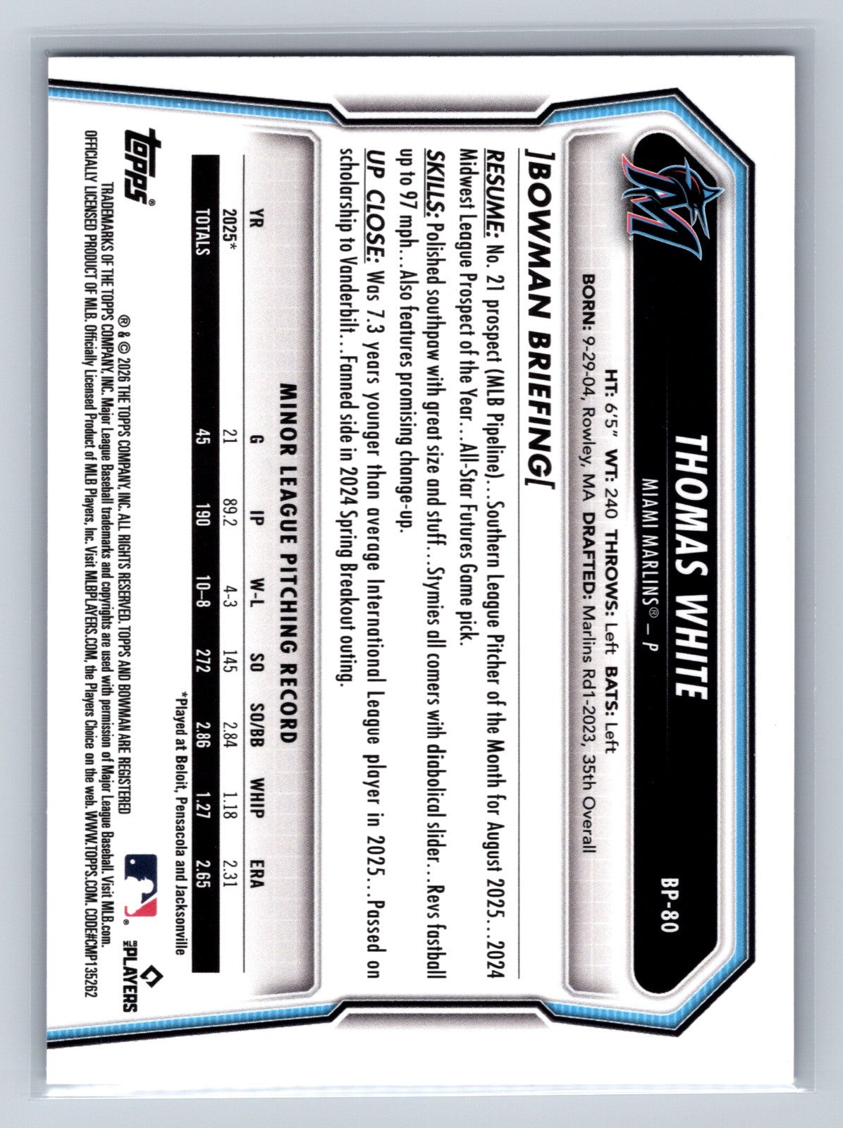Thomas White 2026 Bowman Paper Prospects Purple Scorecard /250 #BP-80 Marlins
