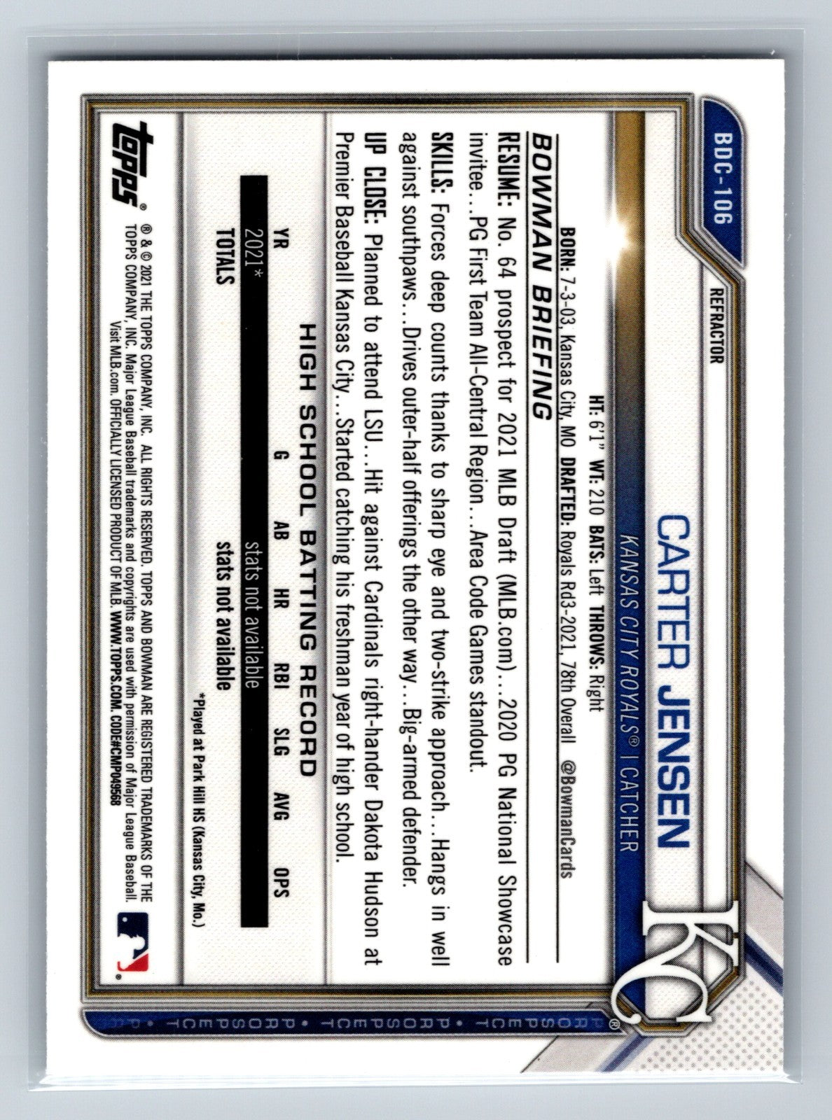 Carter Jensen 2021 Bowman Draft Chrome 1st Refractor #BDC-106 Royals