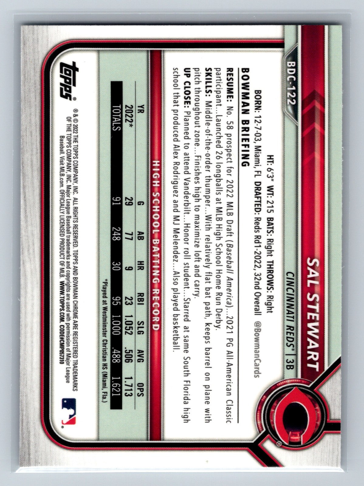 Sal Stewart 2022 Bowman Draft Chrome 1st #BDC-122 Reds