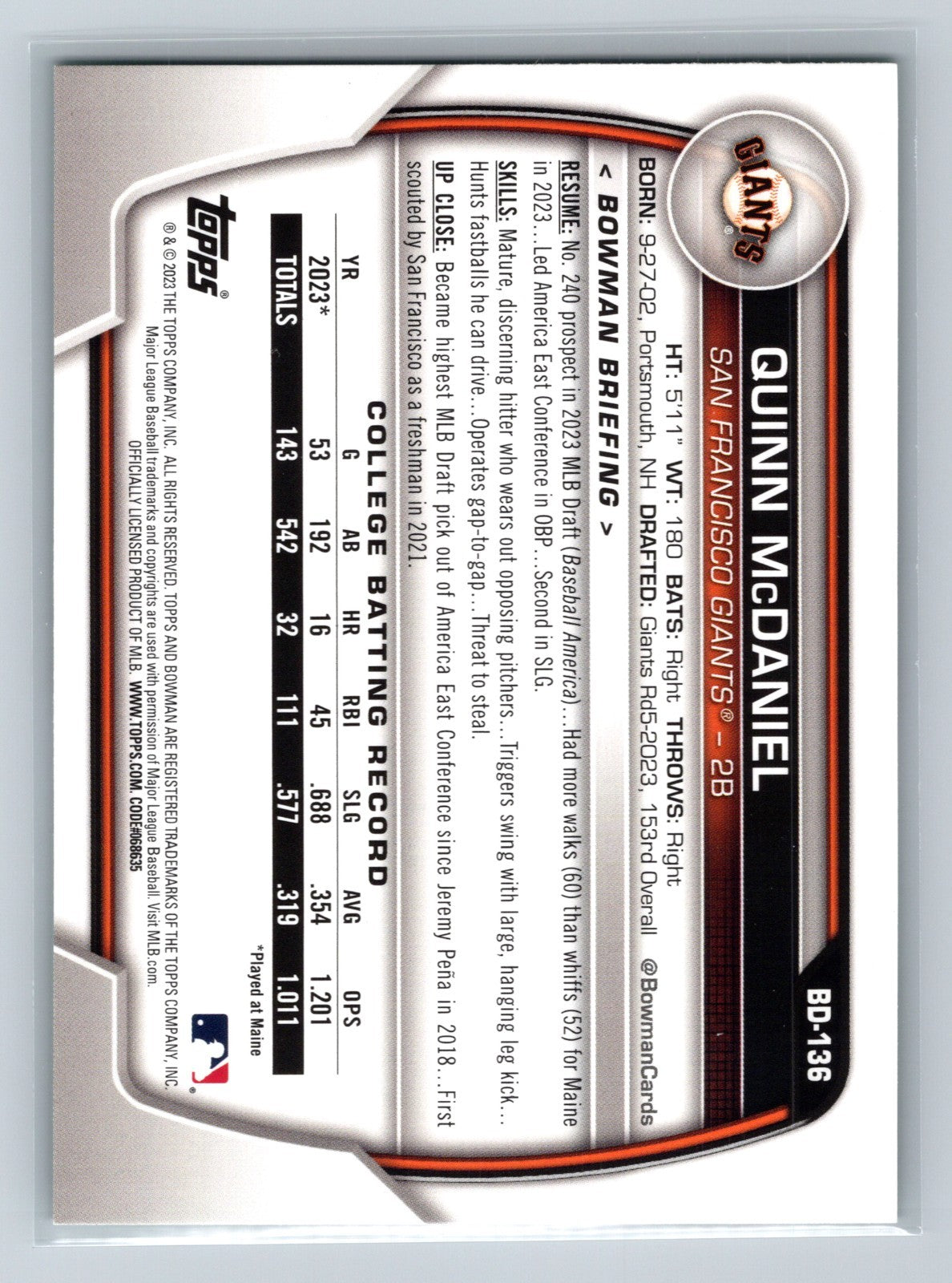 Quinn McDaniel 2023 Bowman Draft Paper 1st Green /99 #BD-136 Giants