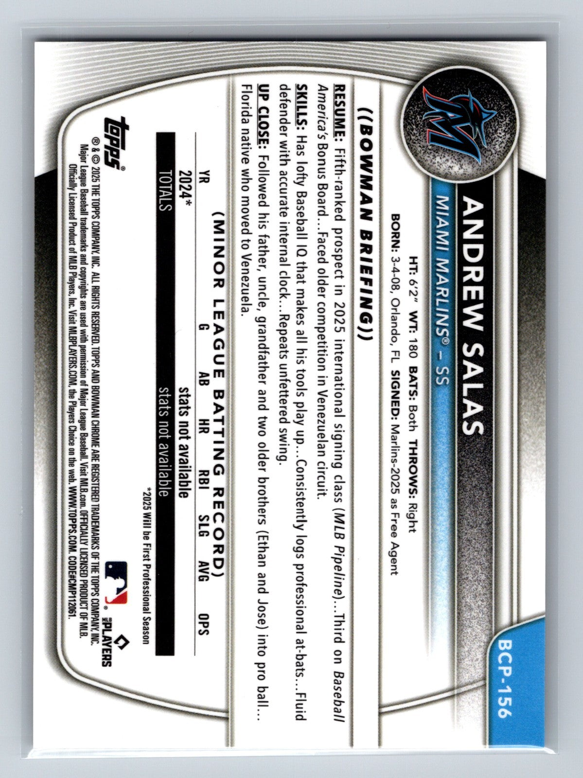 Andrew Salas 2025 Bowman Chrome 1st Gold Refractor /50 #BCP-156 Marlins