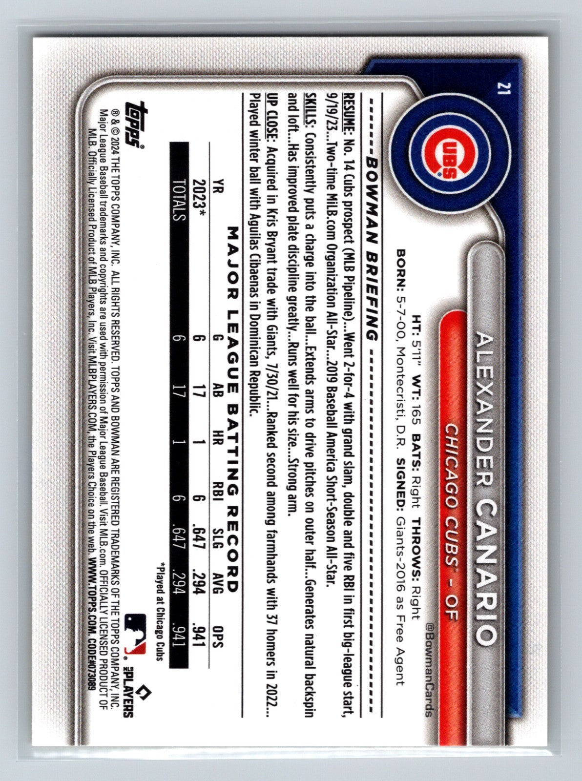 Alexander Canario 2024 Bowman Paper Yellow RC /75 #21 Cubs