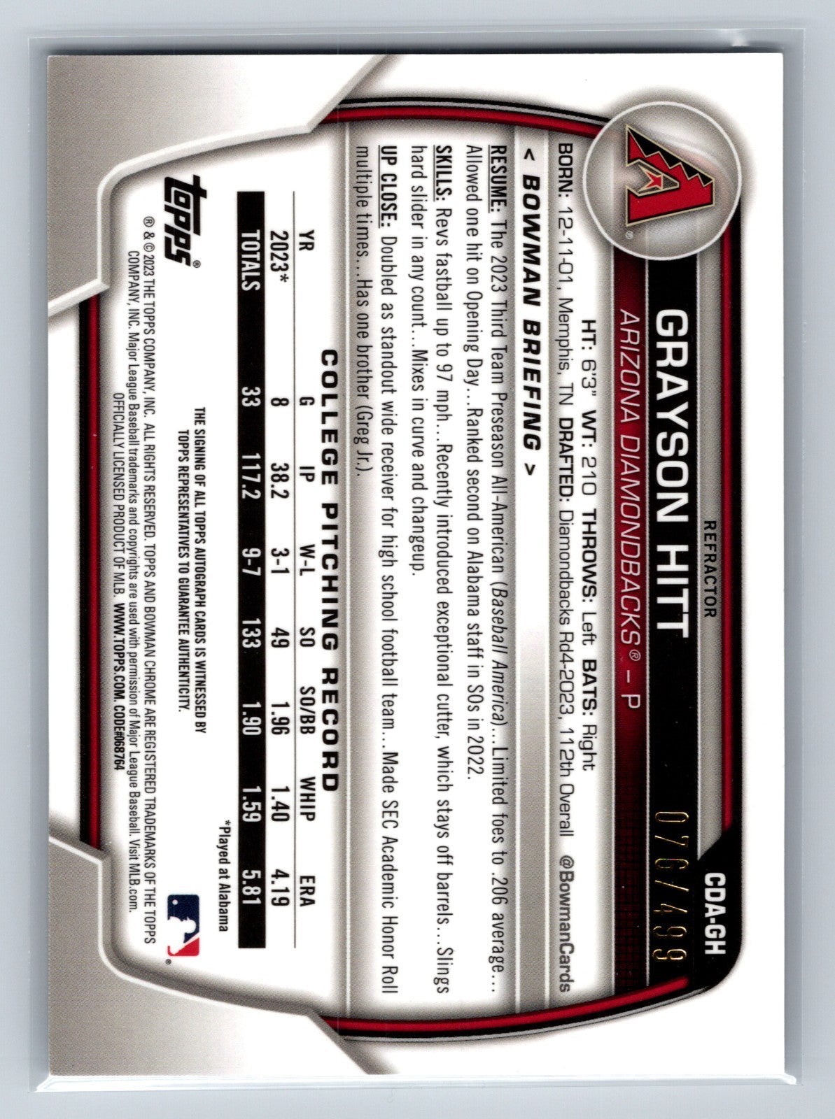 Grayson Hitt 2023 Bowman Draft Chrome 1st Refractor Auto /499 #CDA-GH