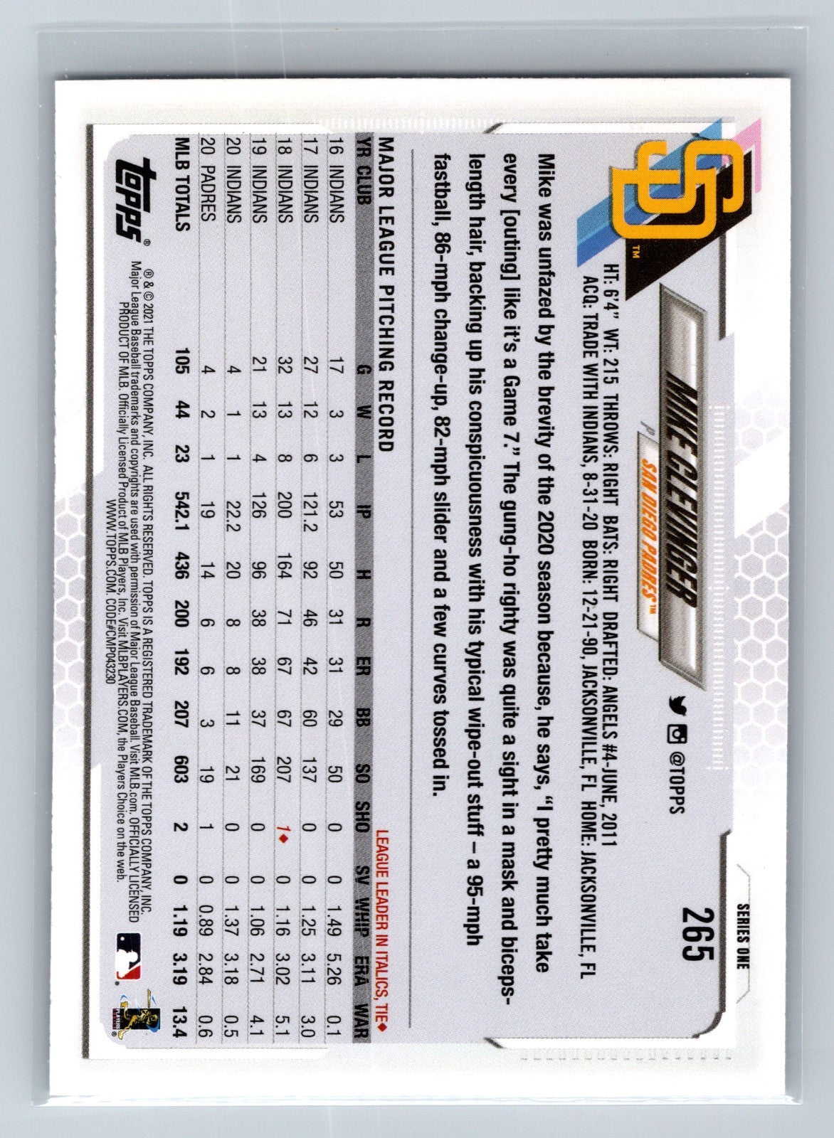 Mike Clevinger 2021 Topps Series 1 SP Image Variation #265 Padres