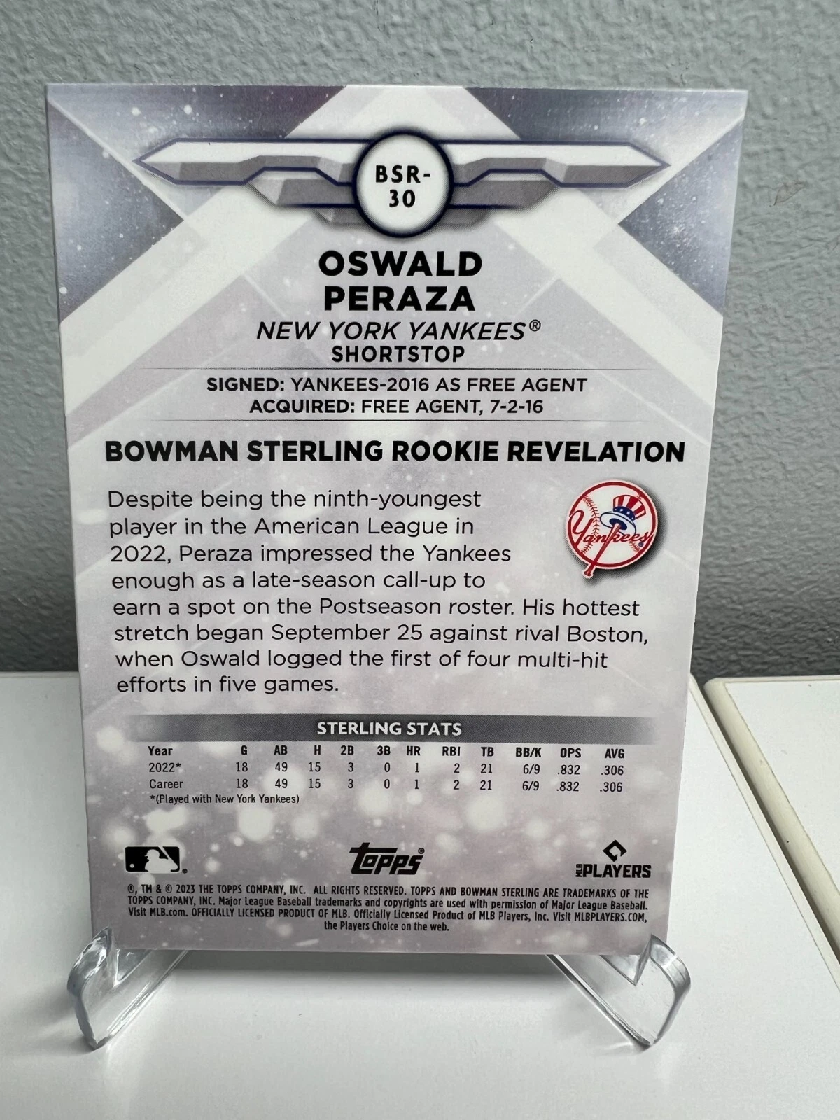 Oswald Peraza 2023 Bowman Sterling RC #BSR-30 Yankees