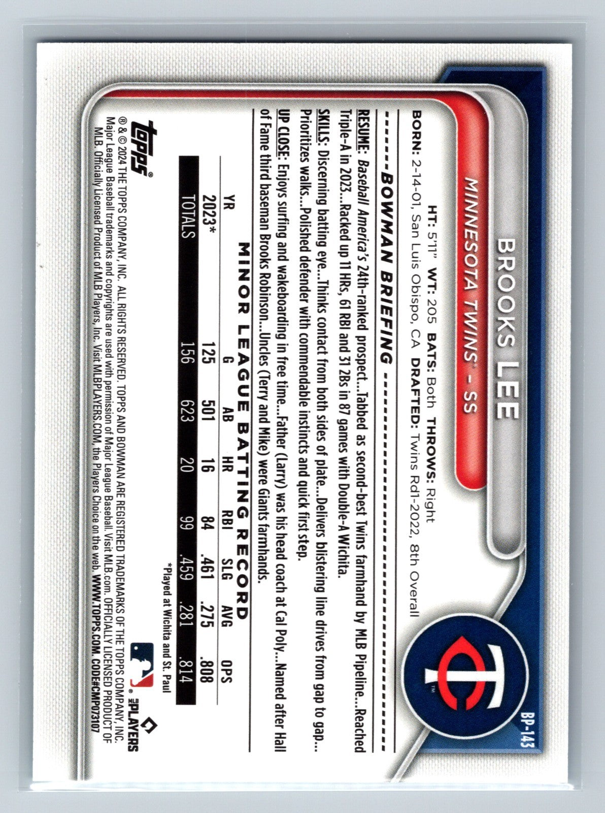 Brooks Lee 2024 Bowman Paper Prospects Sky Blue /499 #BP-143 Twins