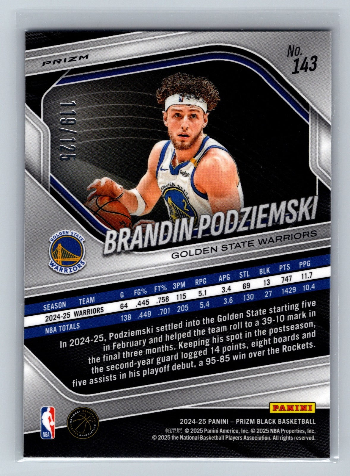 Brandin Podziemski 2024-25 Panini Prizm Black Blue Ice Prizm RC /125 #143