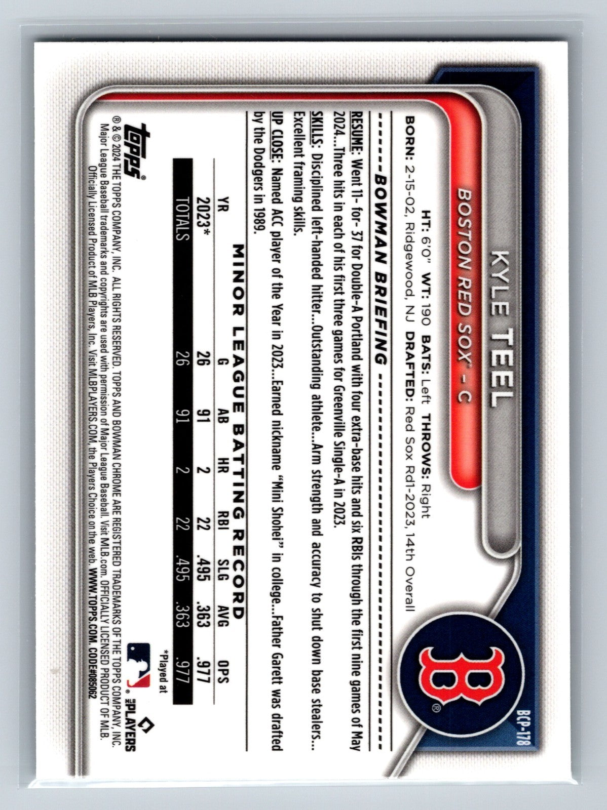 Kyle Teel 2024 Bowman Chrome Prospect Green Shimmer Refractor /99 #BCP-178