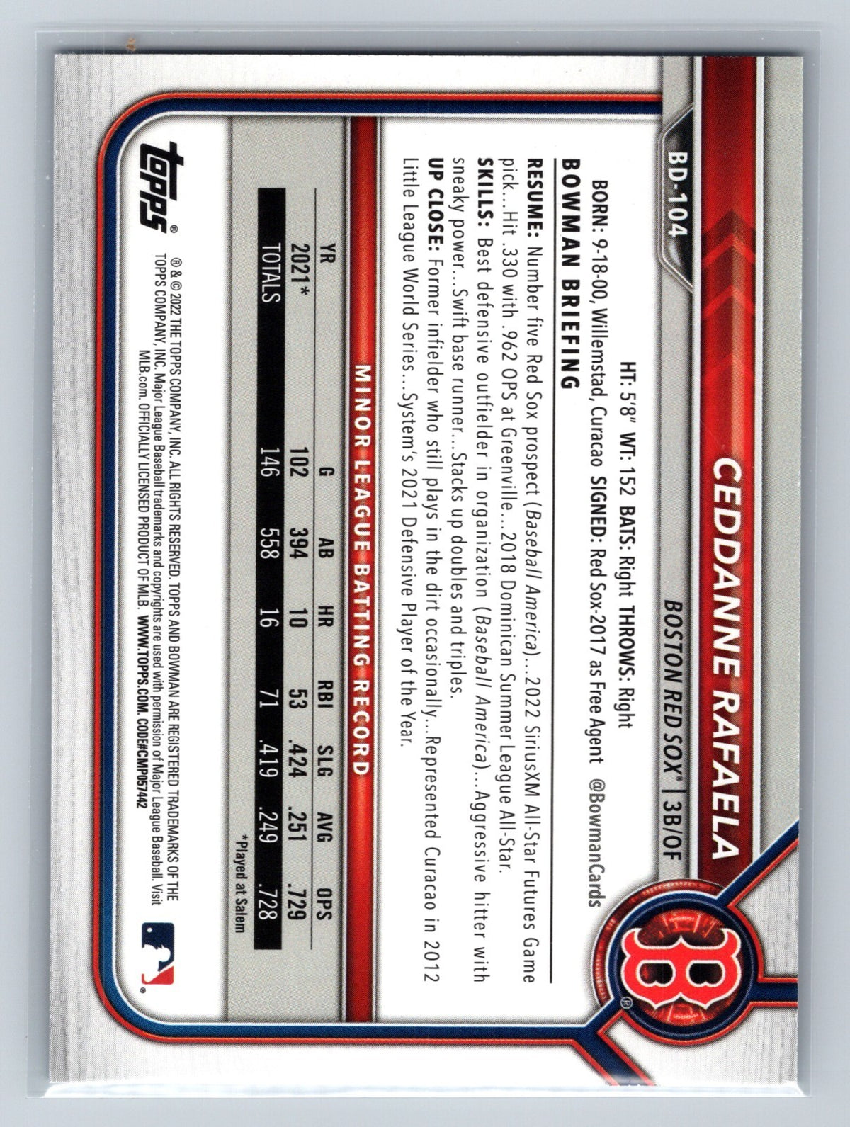Ceddanne Rafaela 2022 Bowman Draft 1st Edition Paper Sky Blue Foil #BD-104