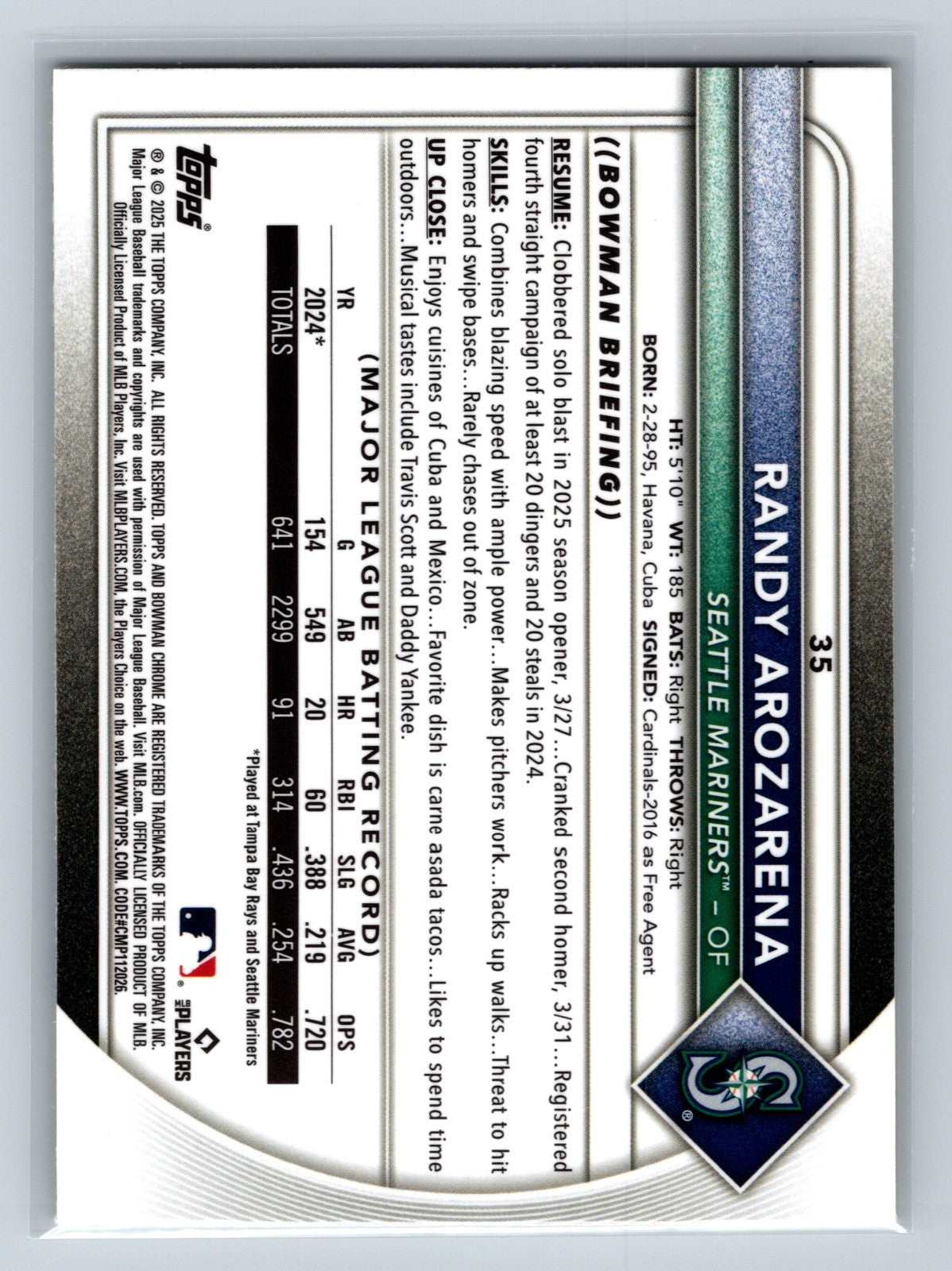 Randy Arozarena 2025 Bowman Chrome Sapphire Yellow Refractor /75 #35 Mariners