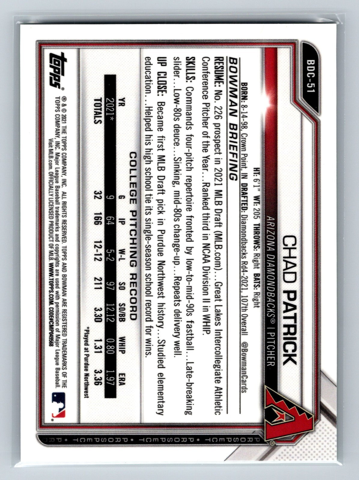 Chad Patrick 2021 Bowman Draft Chrome 1st Green Sparkle Refractor /99 #BDC-51
