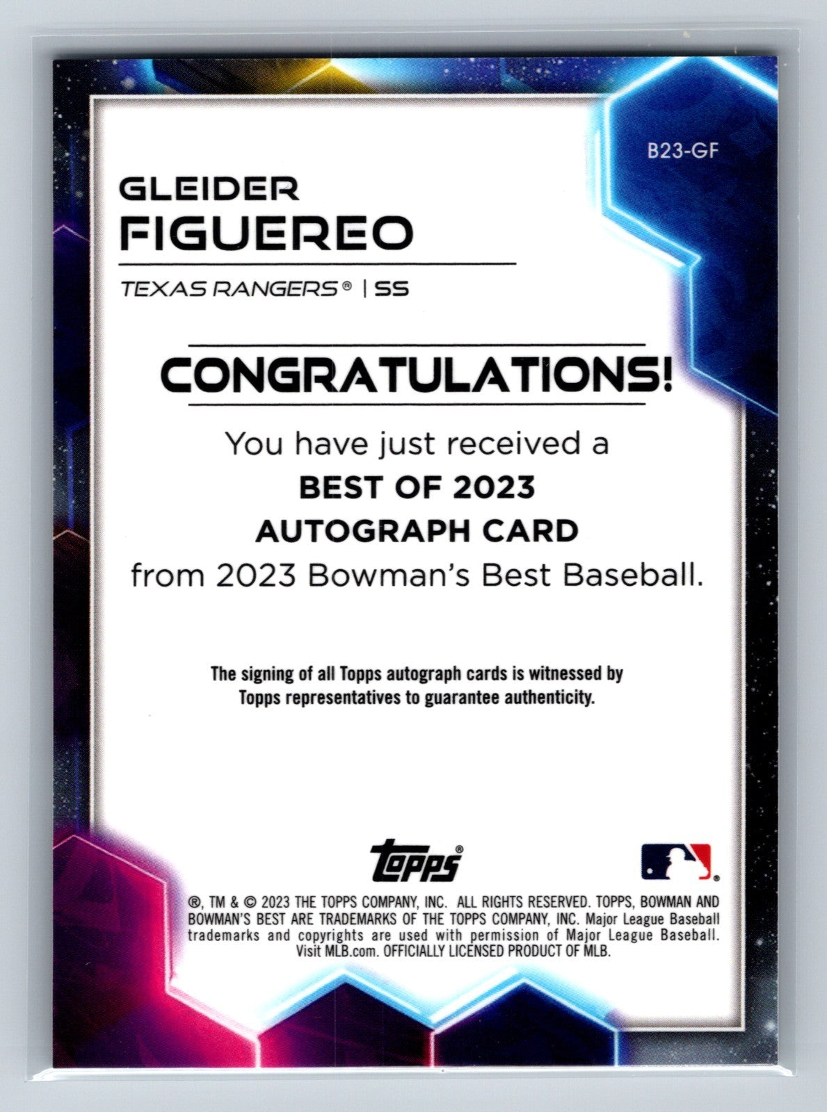 Gleider Figuereo 2023 Bowman's Best Auto #B23-GF Rangers