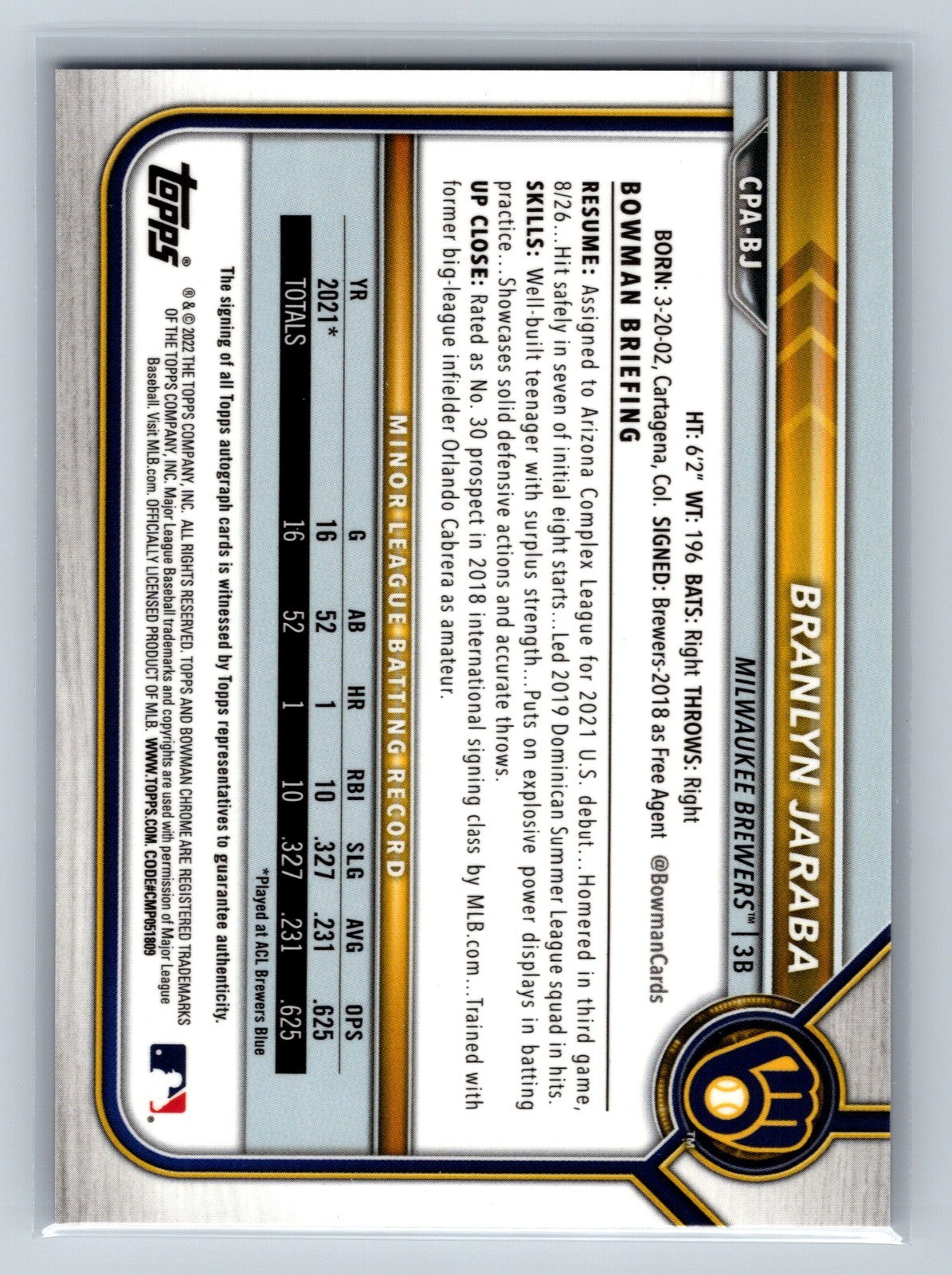 Branlyn Jaraba 2022 Bowman Chrome 1st Purple Refractor Auto /250 #CPA-BJ Brewers