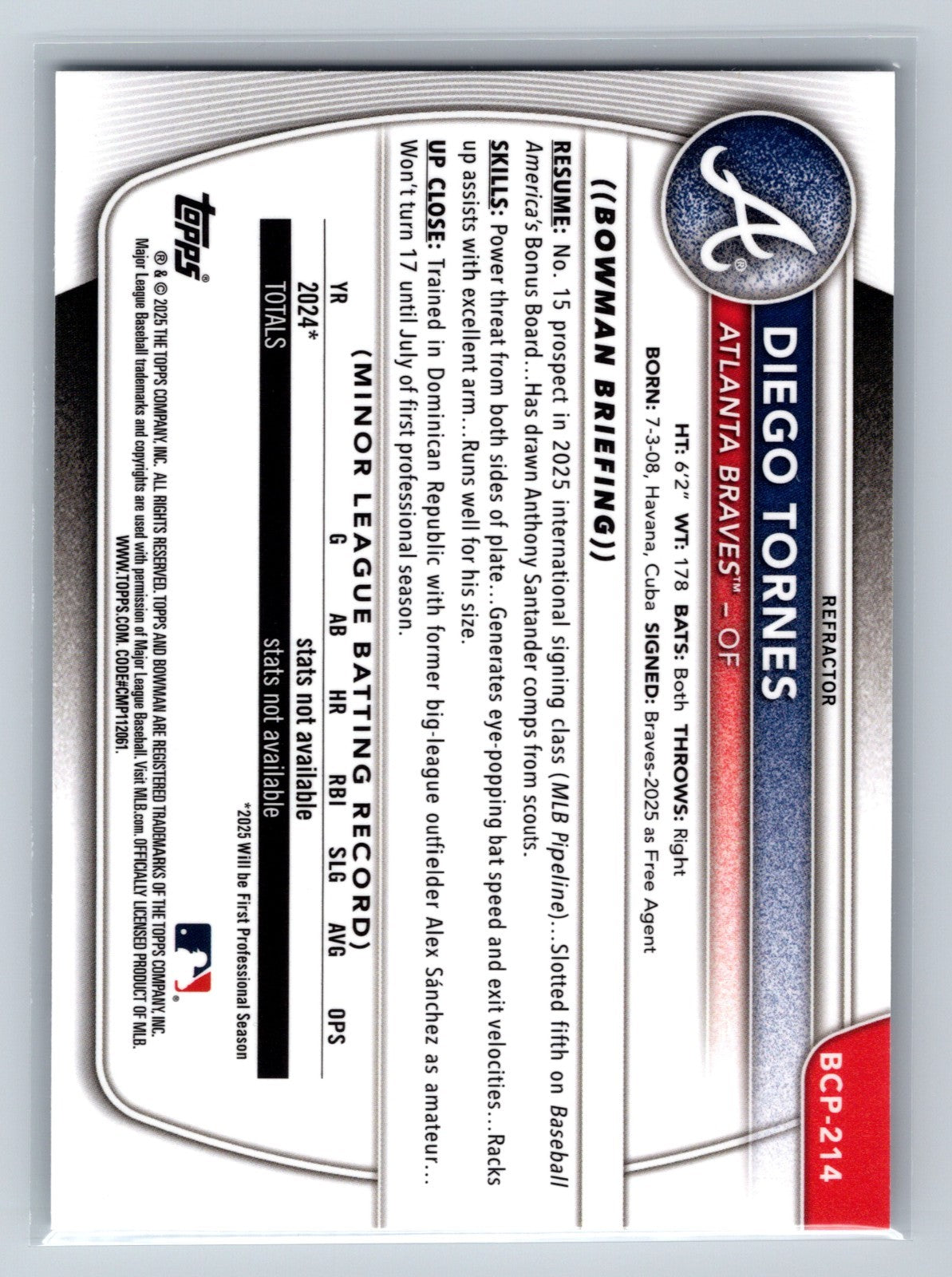Diego Tornes 2025 Bowman Chrome 1st Refractor /499 #BCP-214 Braves