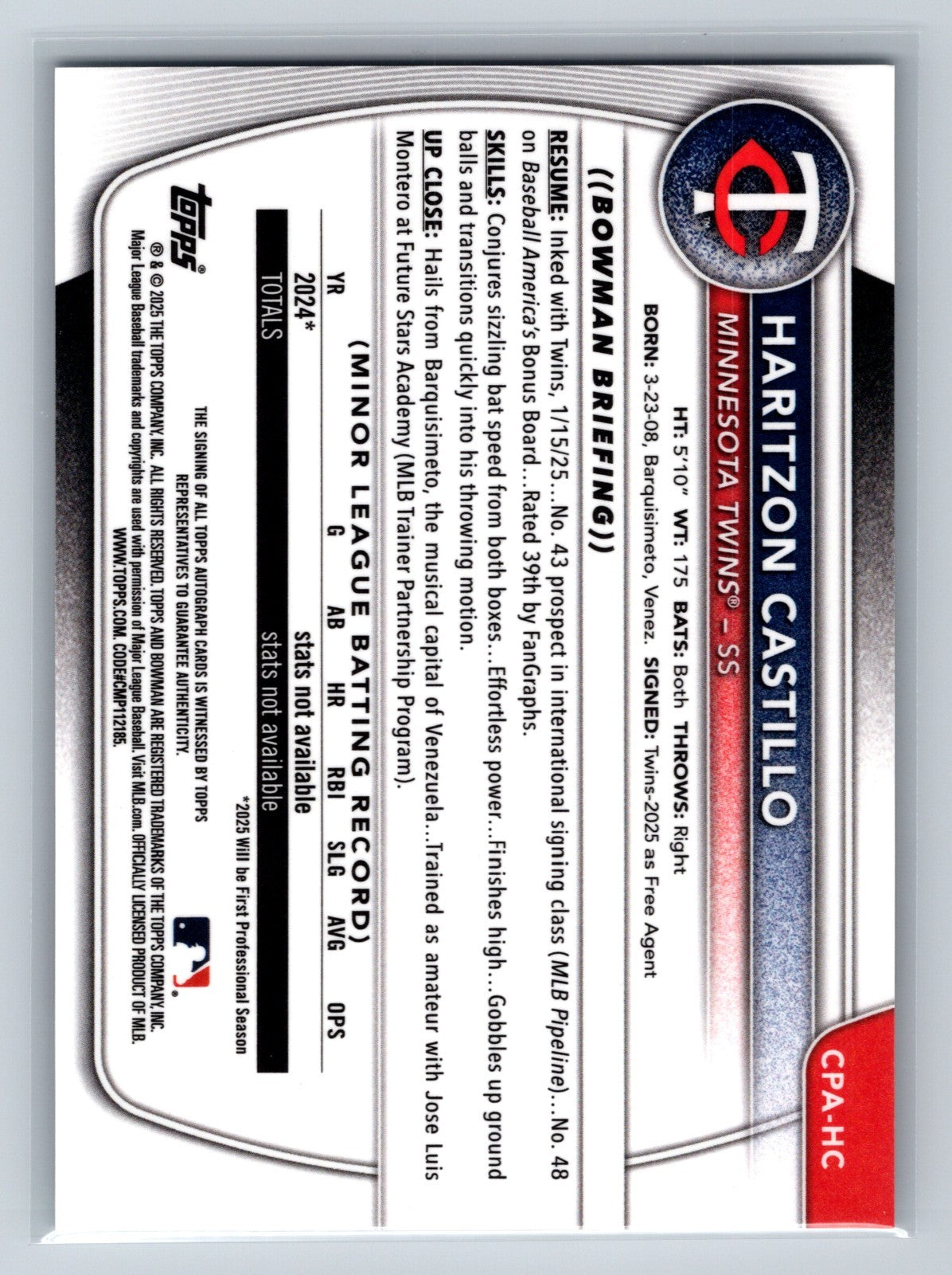 Haritzon Castillo 2025 Bowman Chrome 1st Auto #CPA-HC Twins