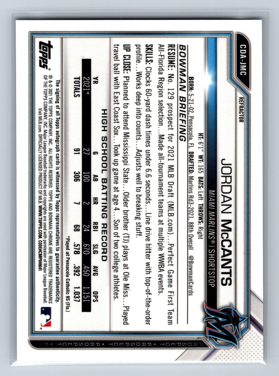 Jordan McCants 2021 Bowman Draft Chrome 1st Refractor Auto /499 #CDA-JMC Marlins
