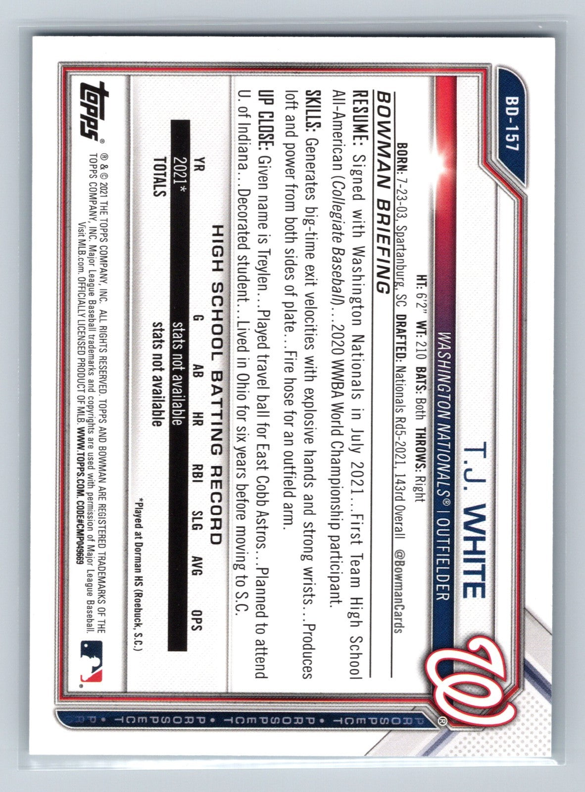 T.J. White 2021 Bowman Draft 1st Paper Sky Blue /499 #BD-157 Nationals