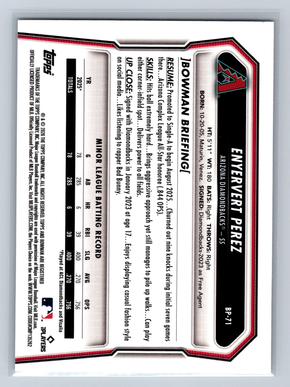 Enyervert Perez 2026 Bowman 1st Paper Logo Foil #BP-71 Diamondbacks
