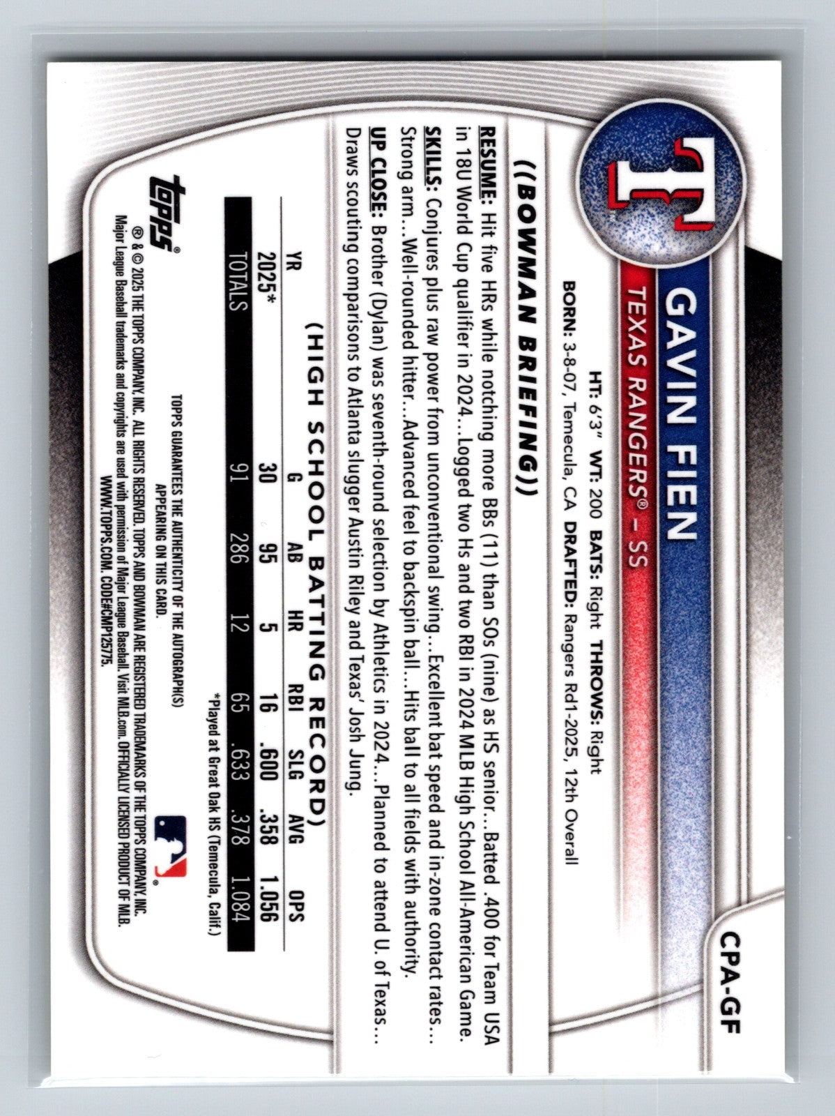 Gavin Fien 2025 Bowman Chrome 1st Yellow Refractor Auto /75 #CPA-GF Rangers