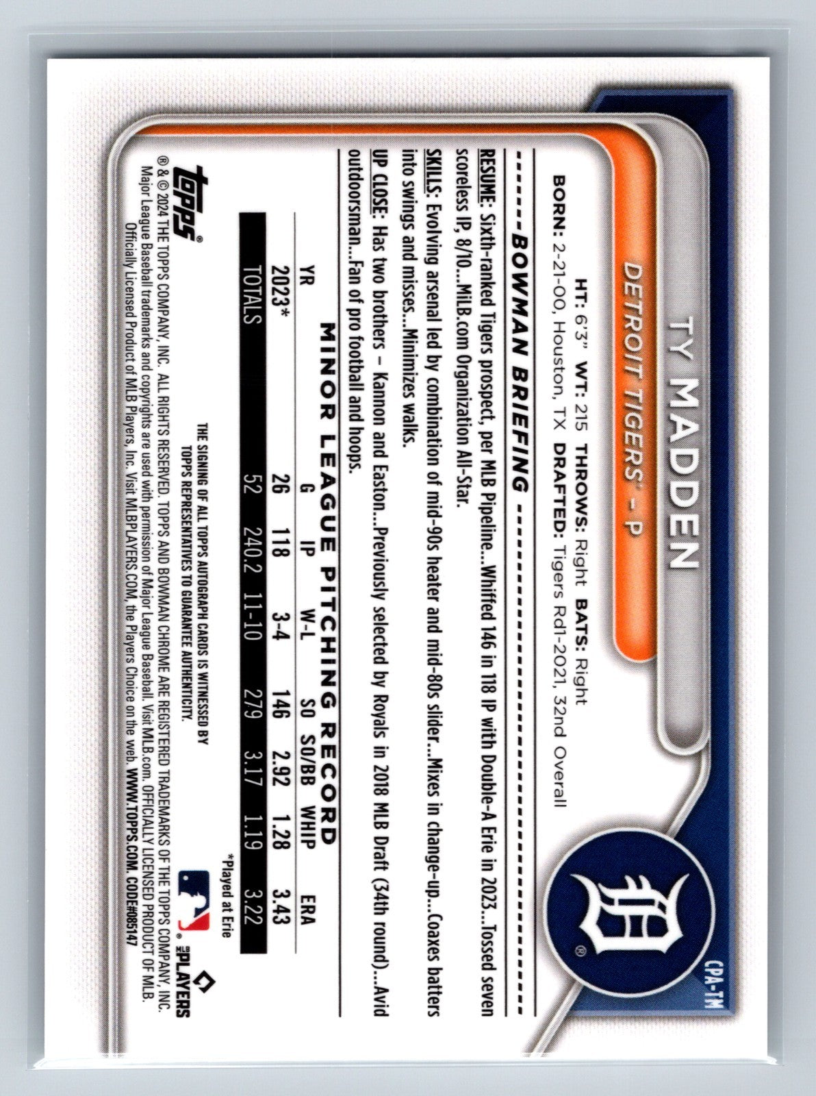 TY Maden 2024 Bowman Chrome Prospects Auto #CPA-TM Tigers