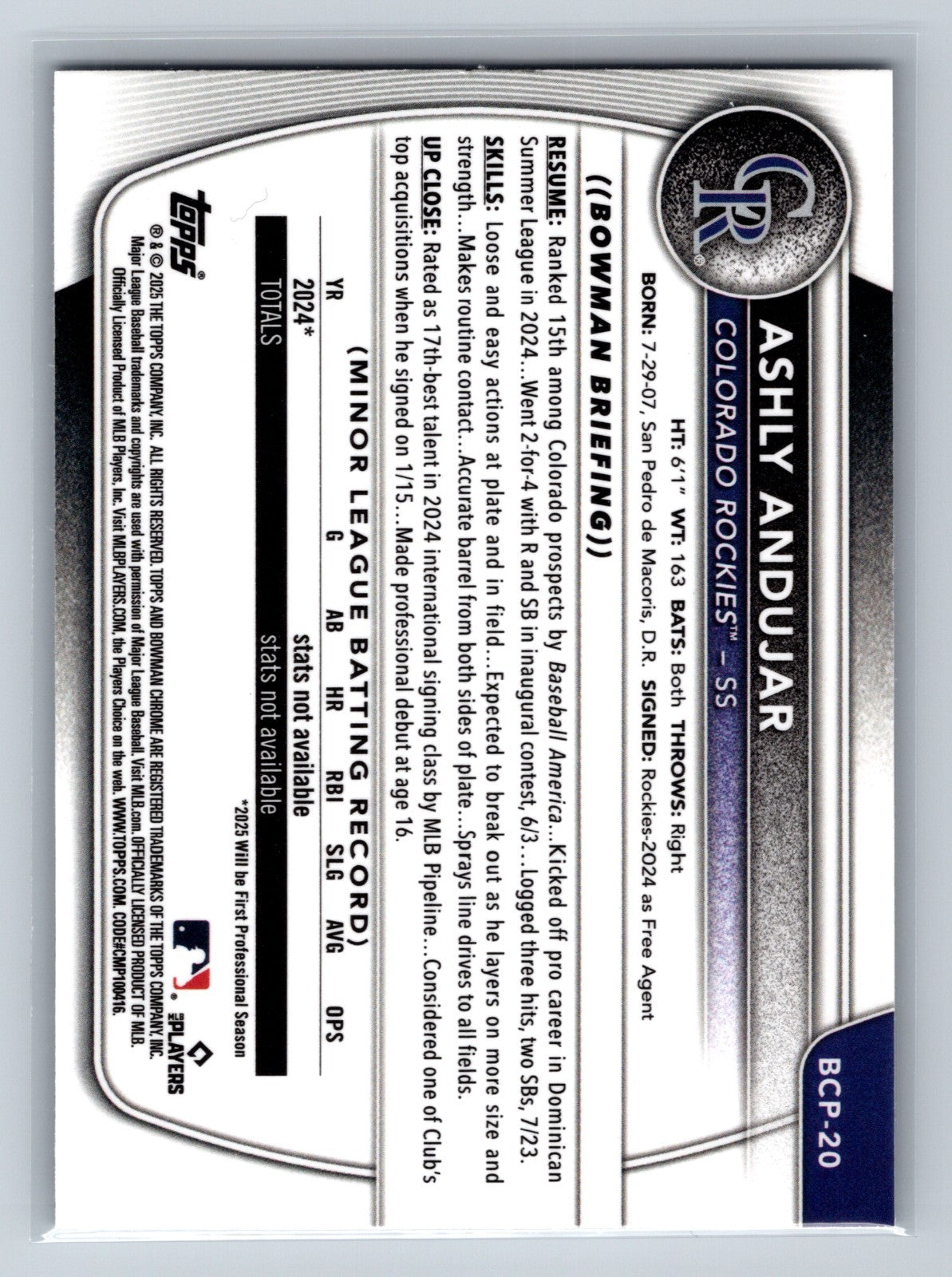 Ashly Andujar 2025 Bowman Chrome 1st Blue Reptilian Refractor /150 #BCP-20