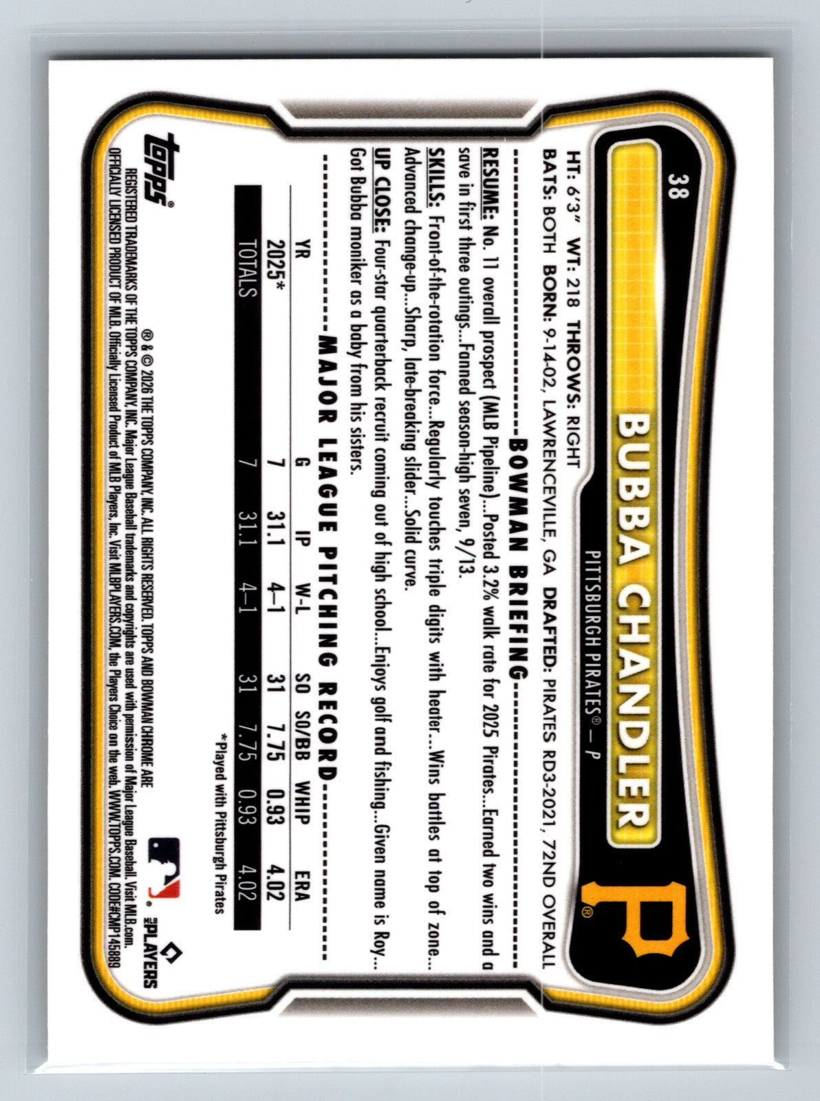 Bubba Chandler 2026 Bowman Chrome Yellow Refractor RC /75 #38 Pirates