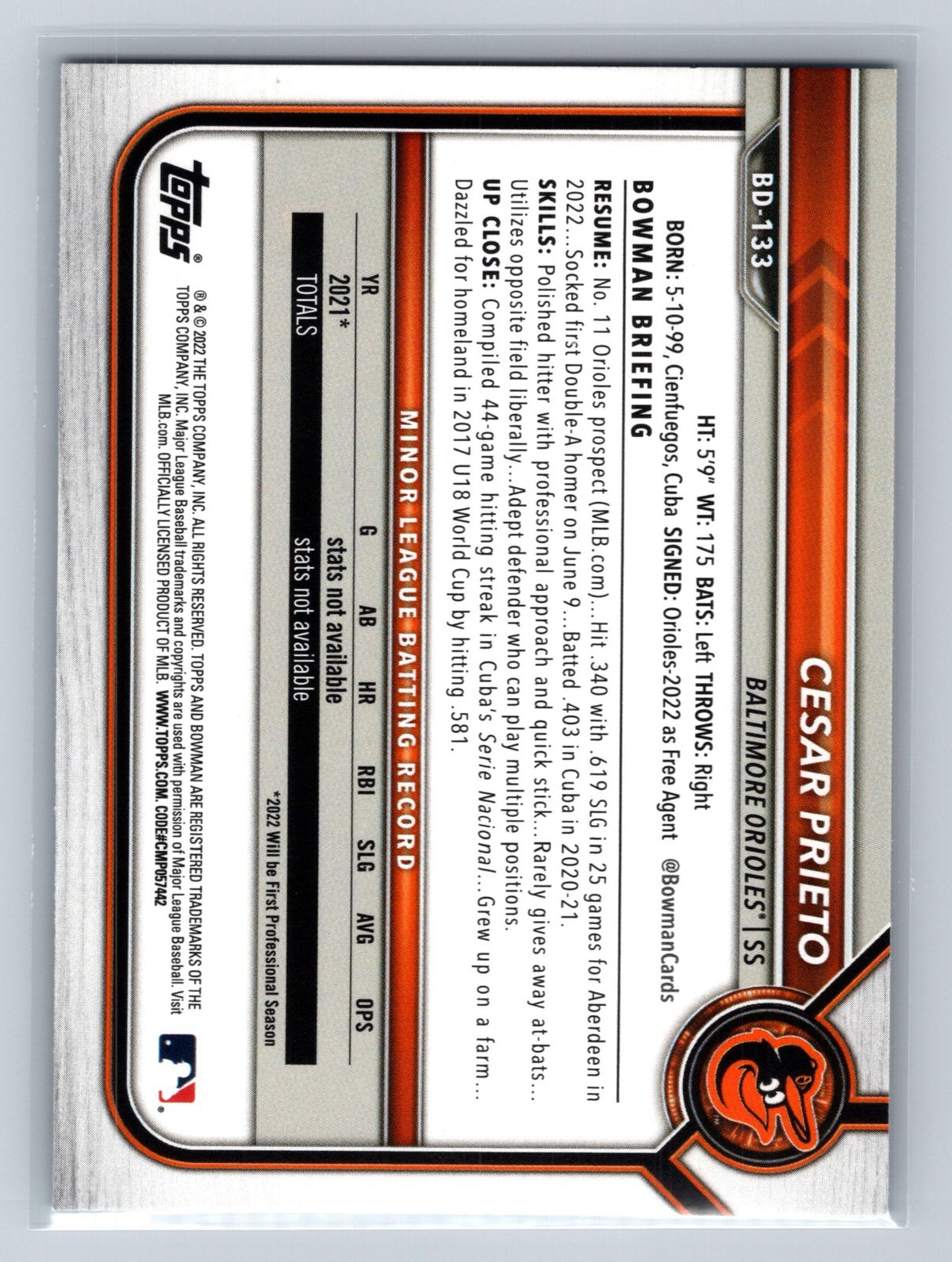 Cesar Prieto 2022 Bowman Draft 1st Edition Paper Sky Blue Foil #BD-133 Orioles