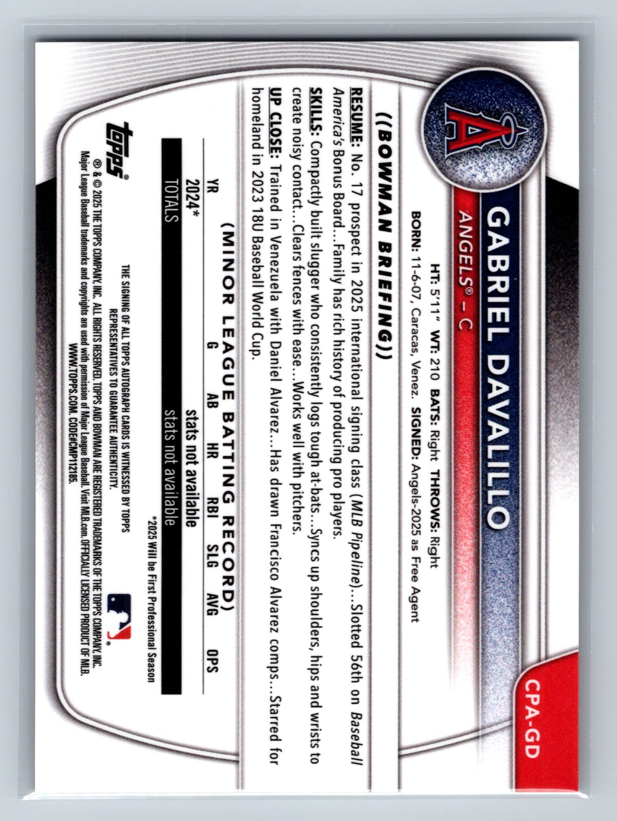 Gabriel Davalillo 2025 Bowman Chrome 1st Sunflower Seeds Refractor Auto /5