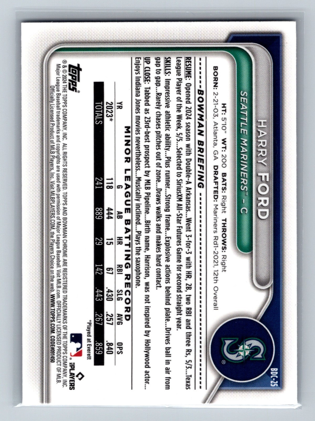 Harry Ford 2024 Bowman Draft Chrome Purple Refractor /250 #BDC-25 Mariners
