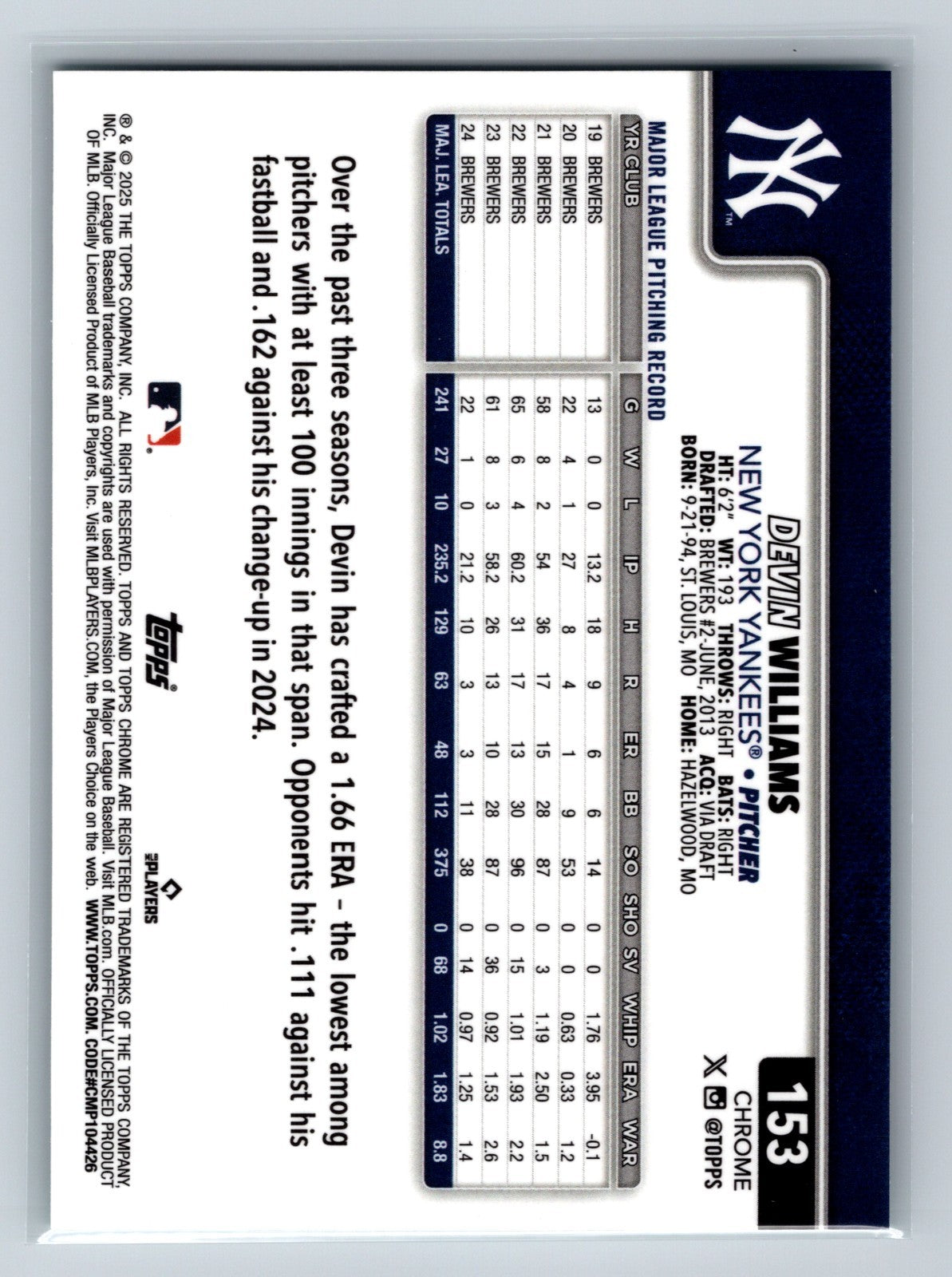 Devin Williams 2025 Topps Chrome Aqua Refractor /199 #153 Yankees