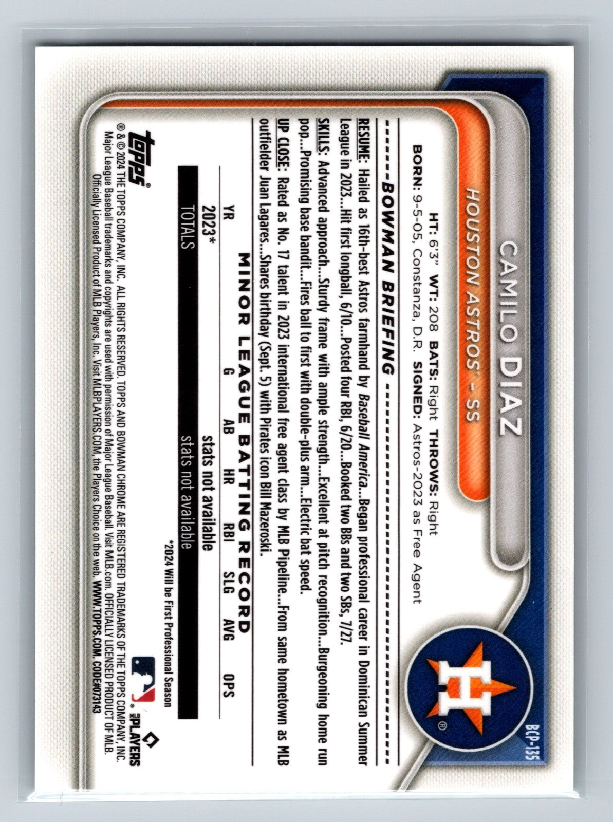 Camilo Diaz 2024 Bowman Chrome Prospects Sapphire Green /99 #BCP-135 Astros
