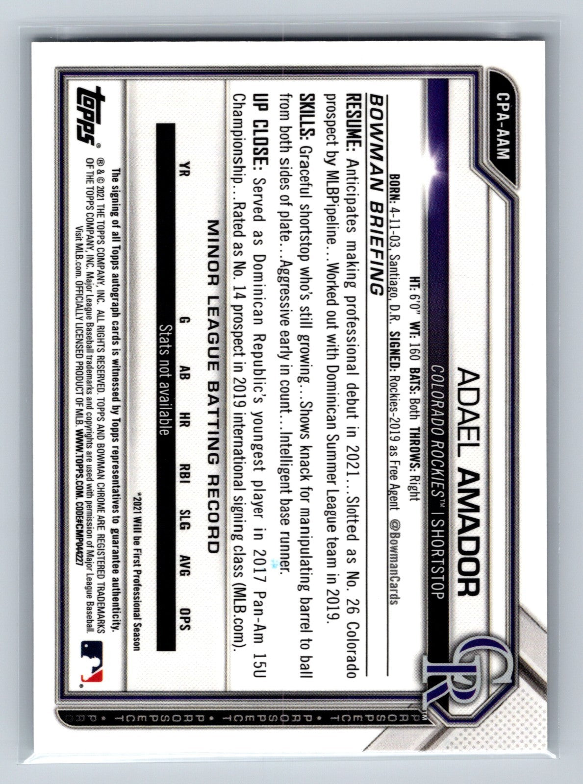 Adael Amador 2021 Bowman Chrome 1st Speckle Refractor Auto /299 #CPA-AAM Rockies