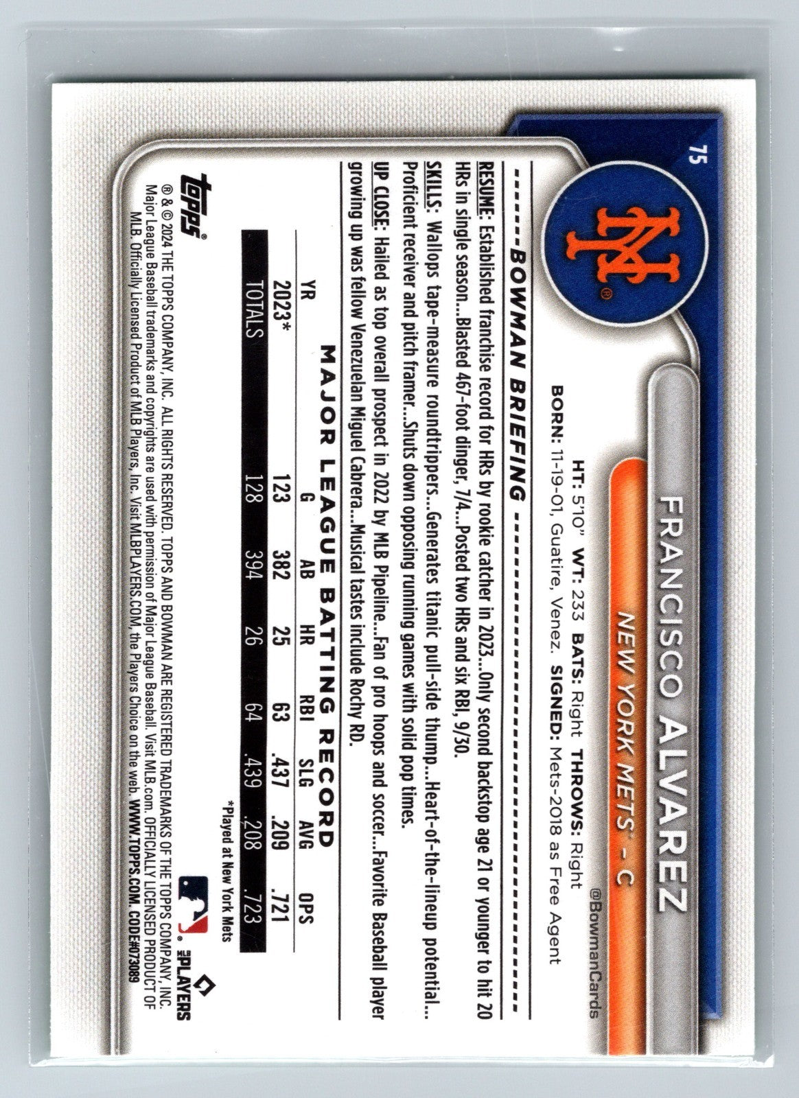 Francisco Alvarez 2024 Bowman Paper Neon Green /399 #75 Mets