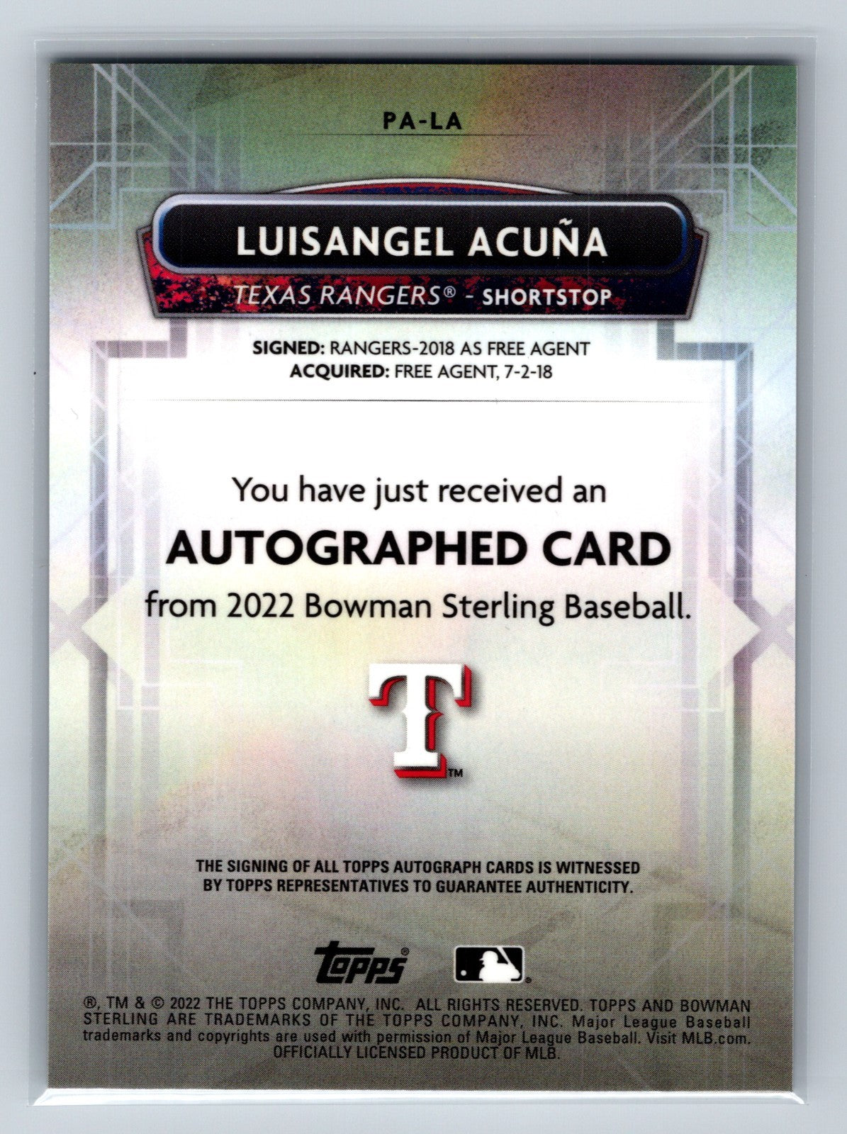 Luisangel Acuna 2022 Bowman Sterling Prospect Auto #PA-LA Rangers