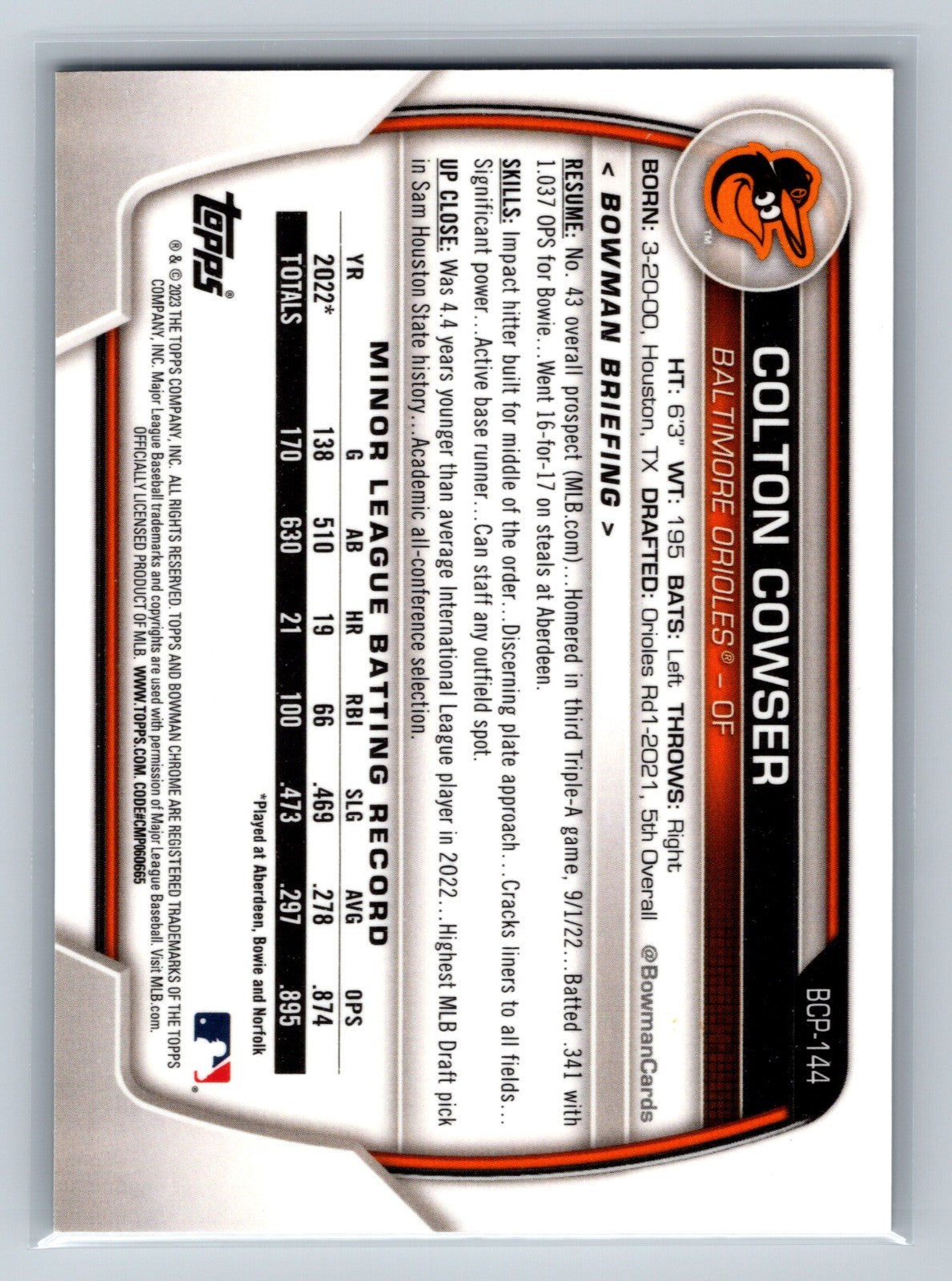 Colton Cowser 2023 Bowman Chrome Prospects Speckle Refractor /299 #BCP-144