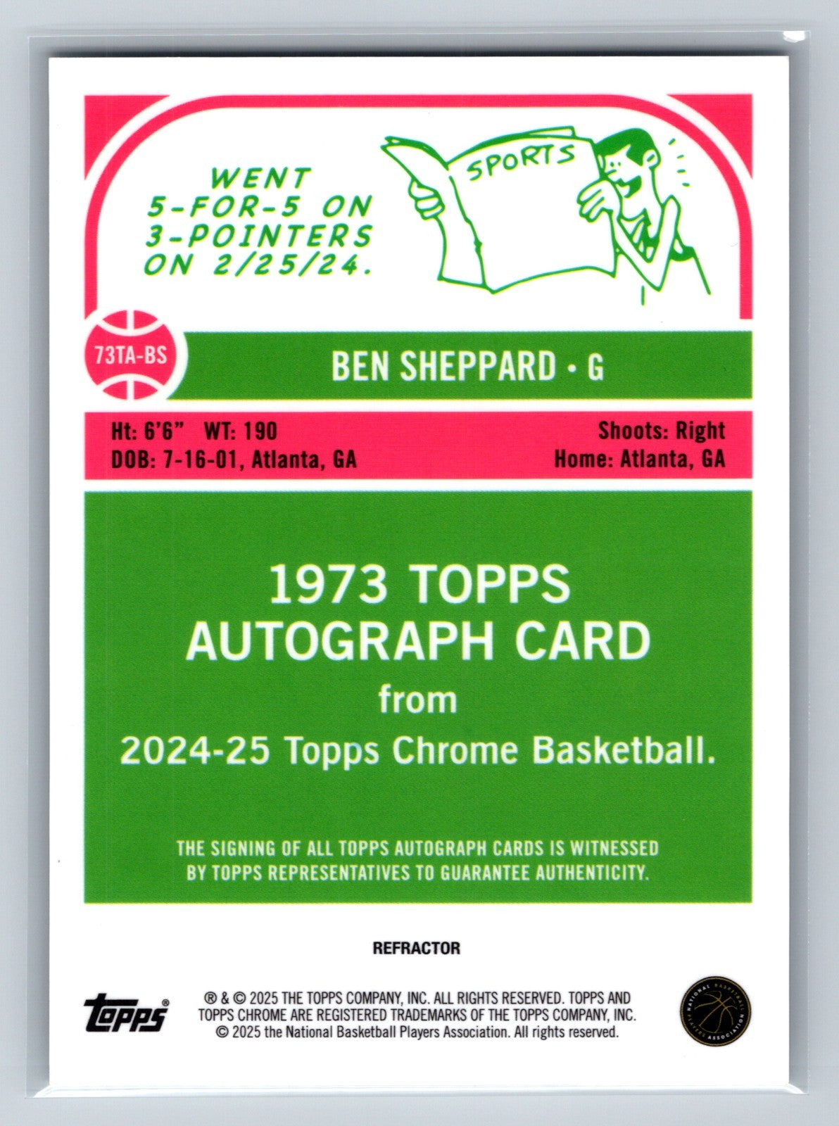 Ben Sheppard 2024-25 Topps Chrome 1973 Refractor Auto #73TA-BS Pacers