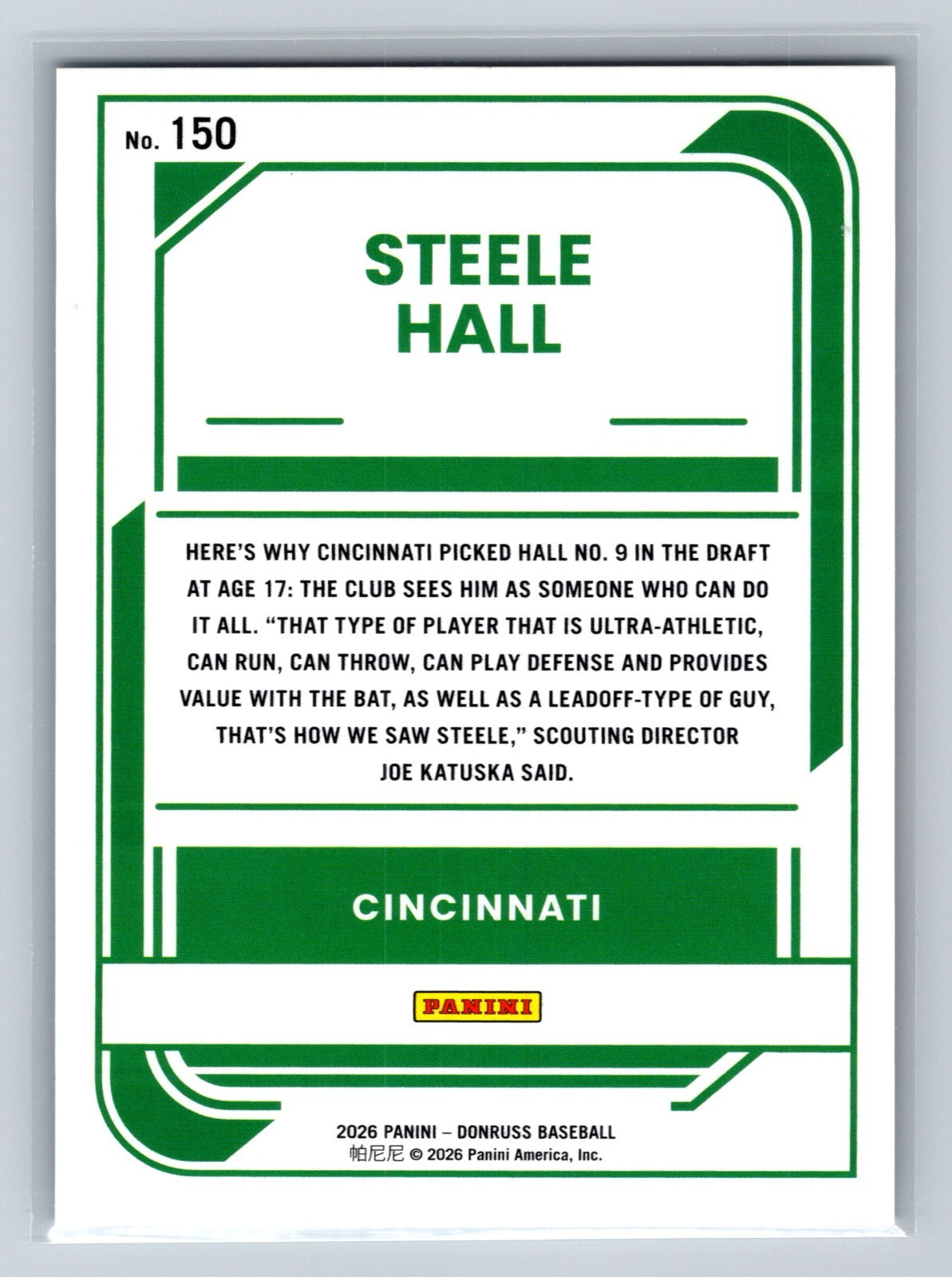 Steele Hall 2026 Panini Donruss Rated Prospect #150 Reds