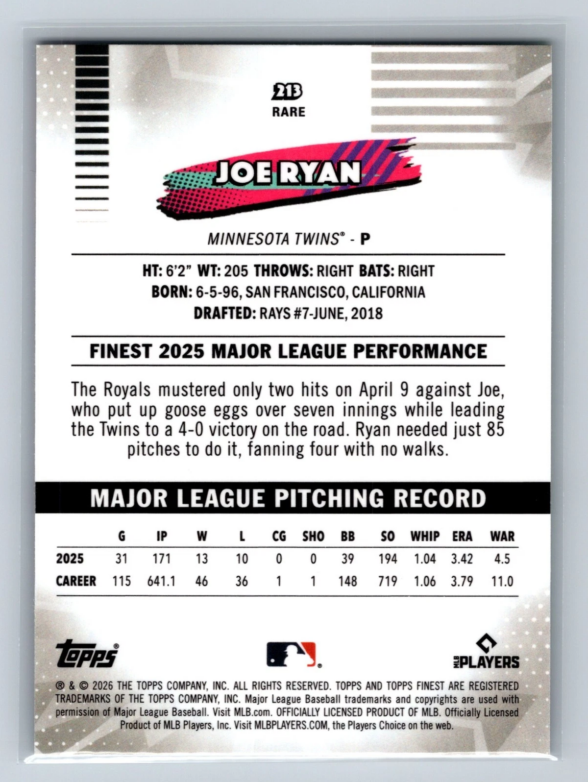 Joe Ryan 2026 Topps Finest Rare Green Refractor /99 #213 Twins