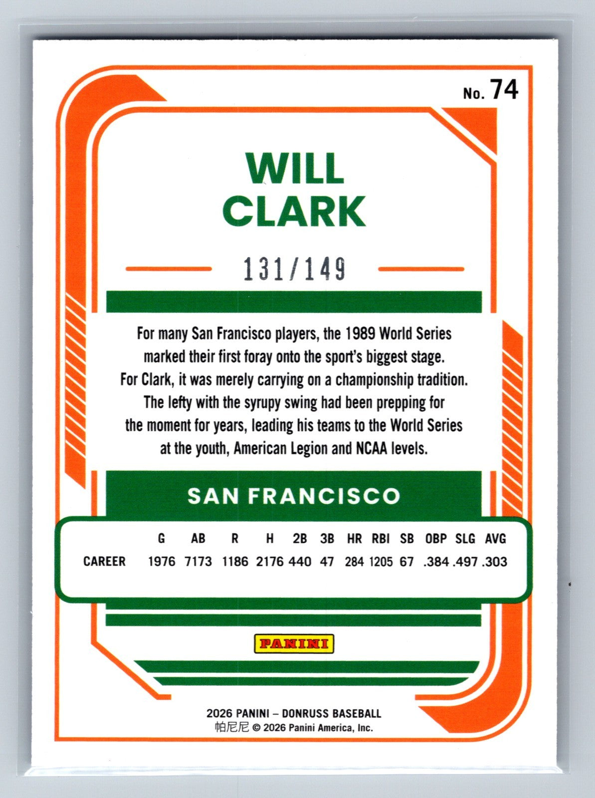 Will Clark 2026 Panini Donruss Blue /149 #74 Giants